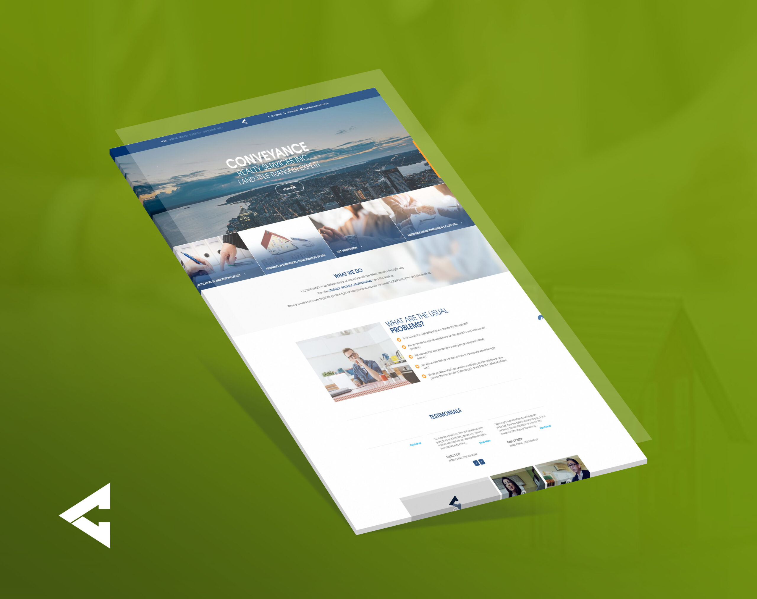Website for Conveyance Realty Services Inc., land title transfer experts, with images of services and testimonials.