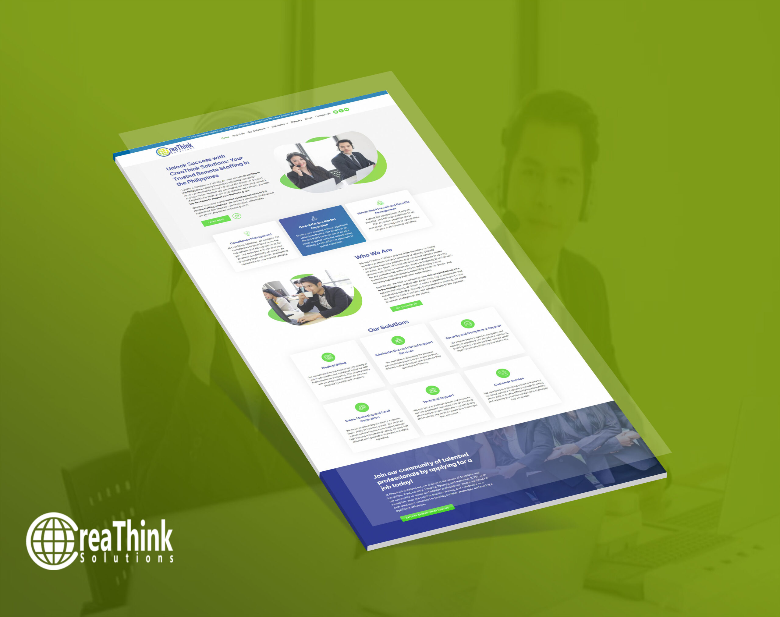 A tilted mockup of the CreaThink Solutions website on a green background, showcasing remote staffing services and solutions.
