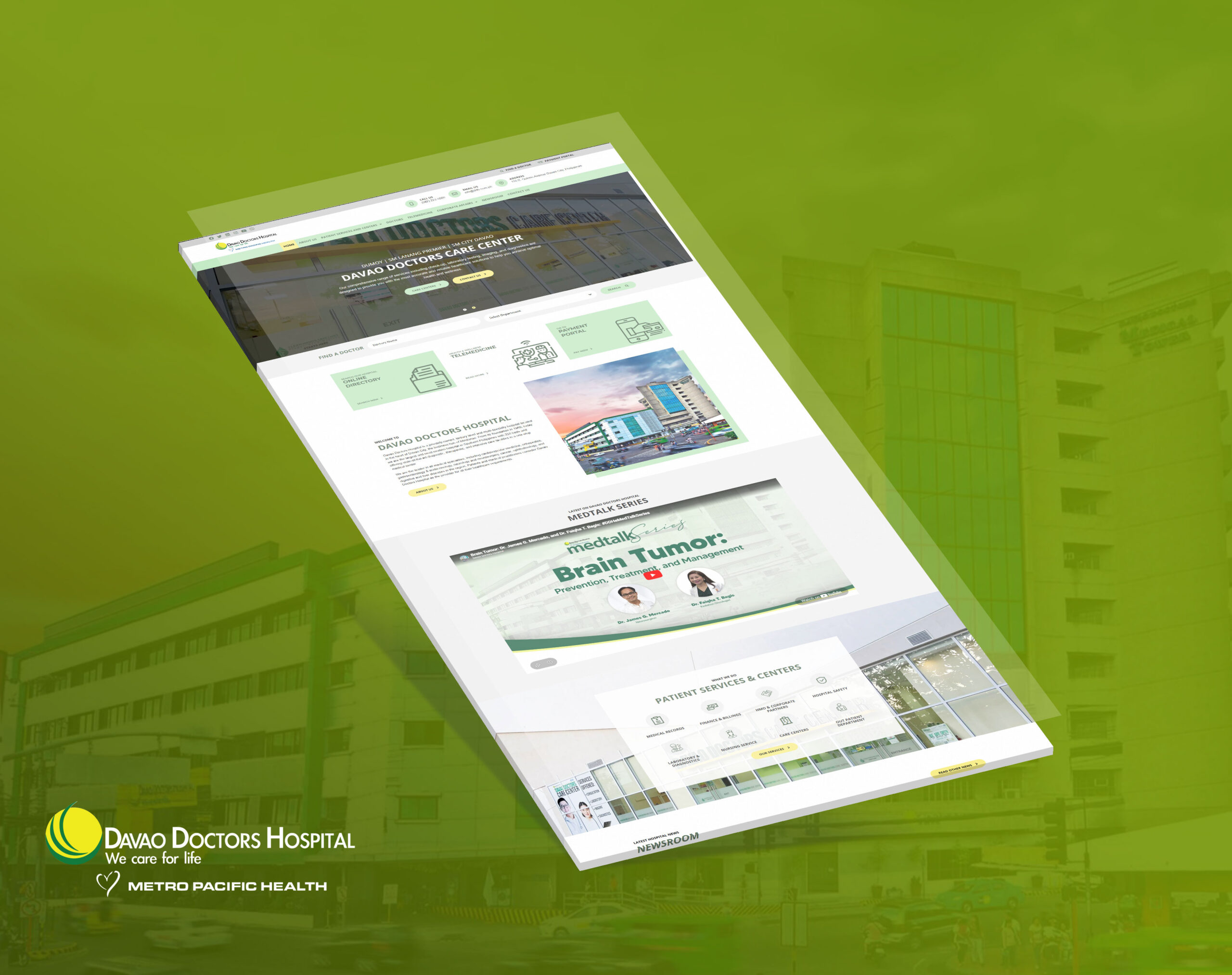 A tilted screenshot of the Davao Doctors Hospital website against a green background, showing the homepage with navigation, banners, and links to services.