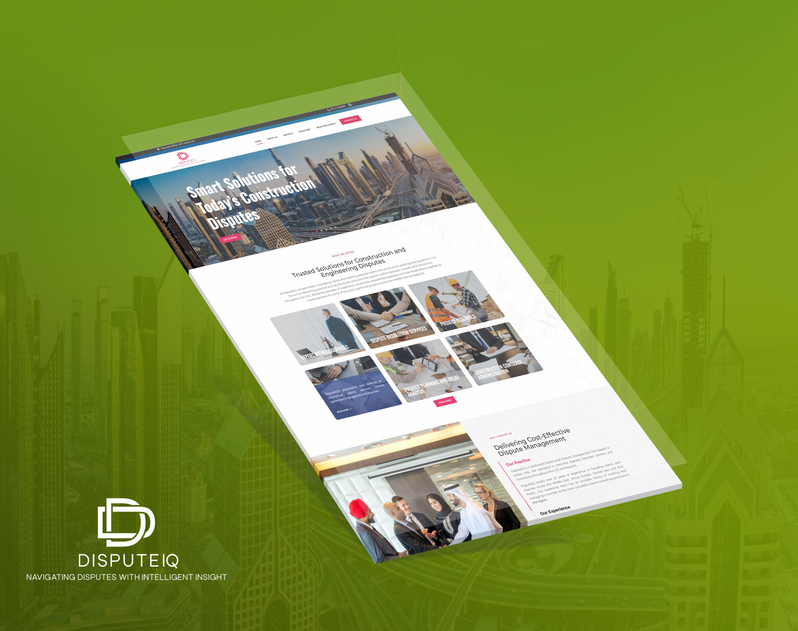A 3D perspective mockup of the Dispute-IQ website homepage against a green cityscape background, featuring construction dispute resolution services.