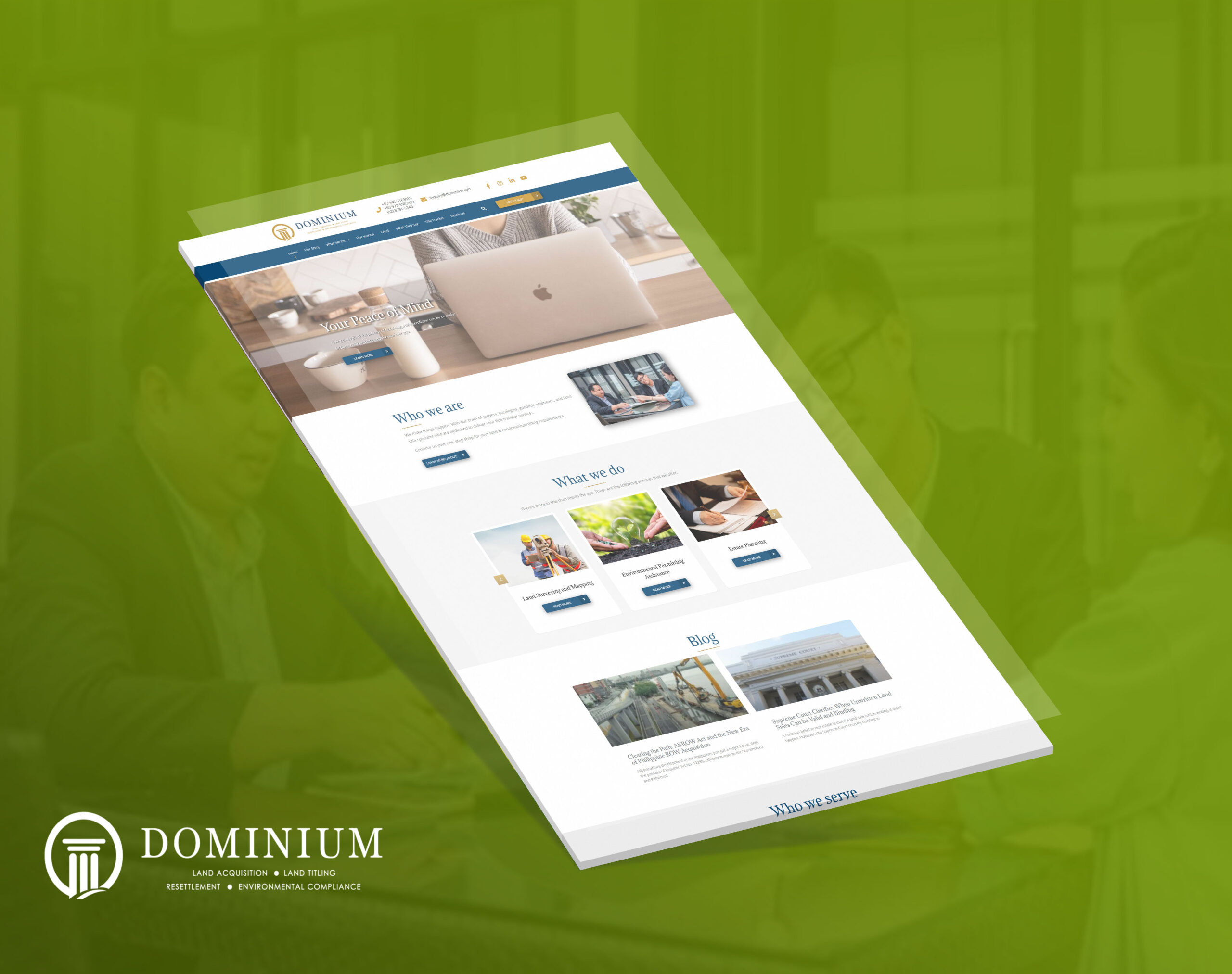 A digital mockup of the Dominium website displayed on a green gradient background with the company logo in the bottom left corner.