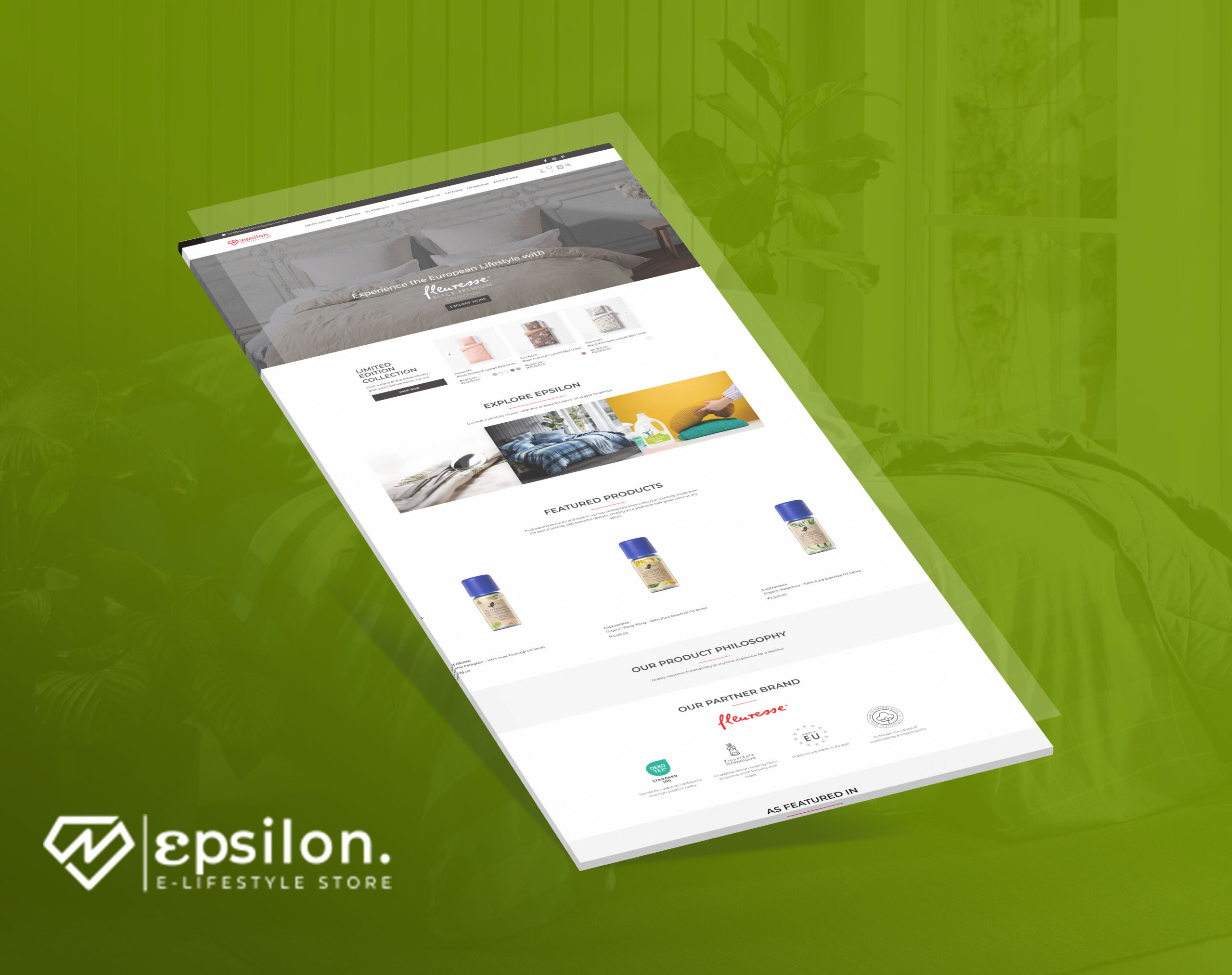 A stylized view of the Epsilon e-lifestyle store website displayed on an angled, floating white page against a green background with bedroom imagery.