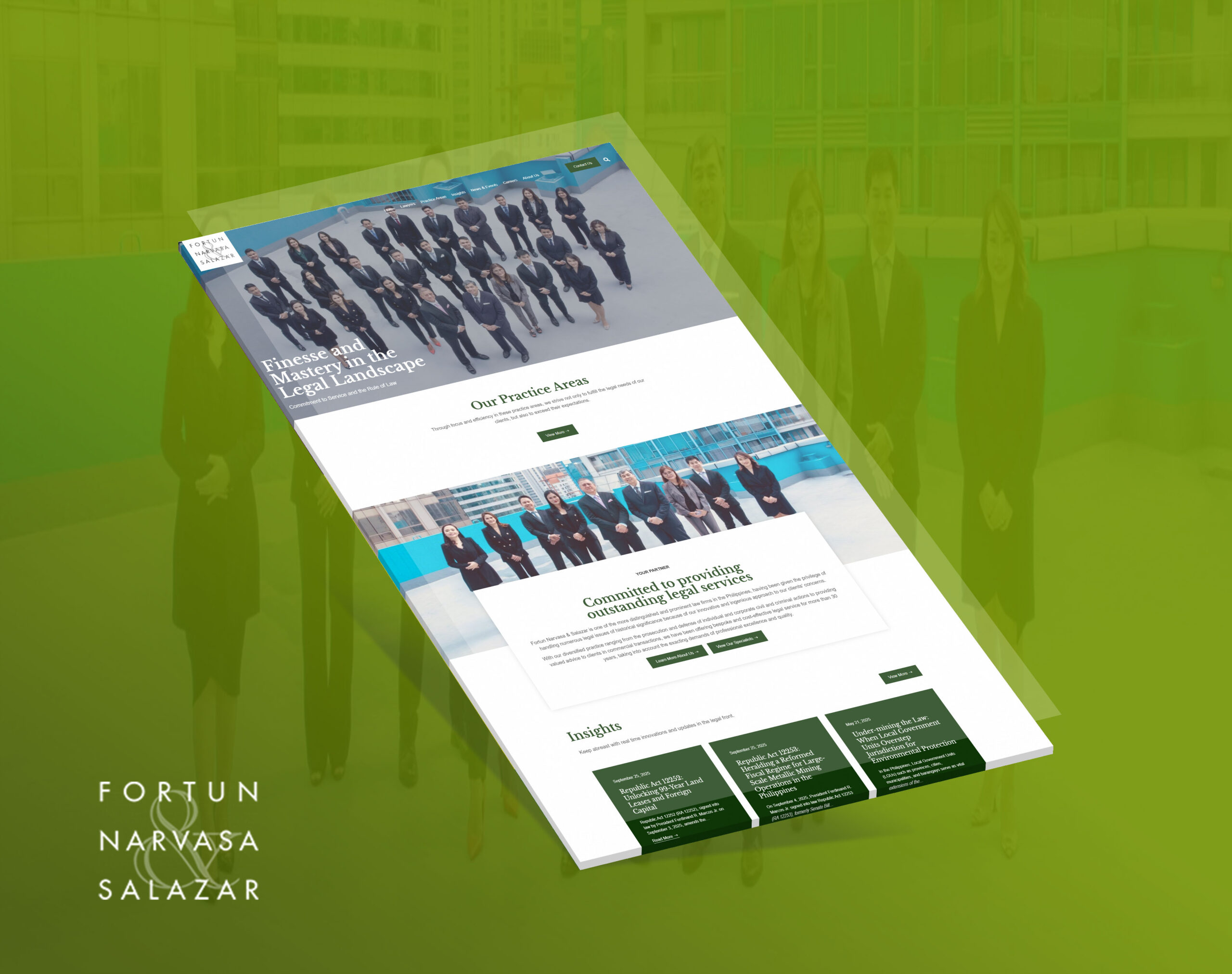 Mockup of the Fortun Narvasa Salazar law firm website, showing the homepage with a group photo of lawyers and news insights on a green gradient background.