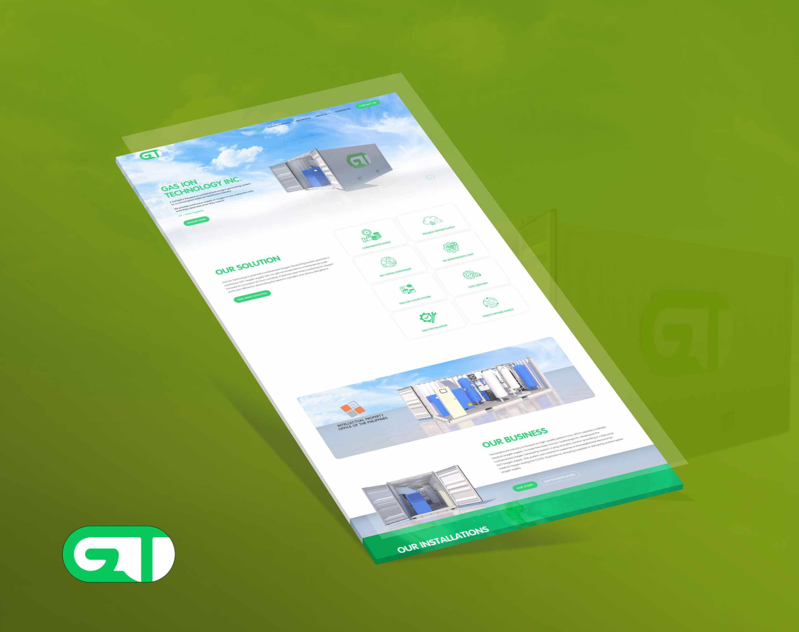 A tilted, floating screenshot of the Gas Ion Technology website homepage against a solid green background.