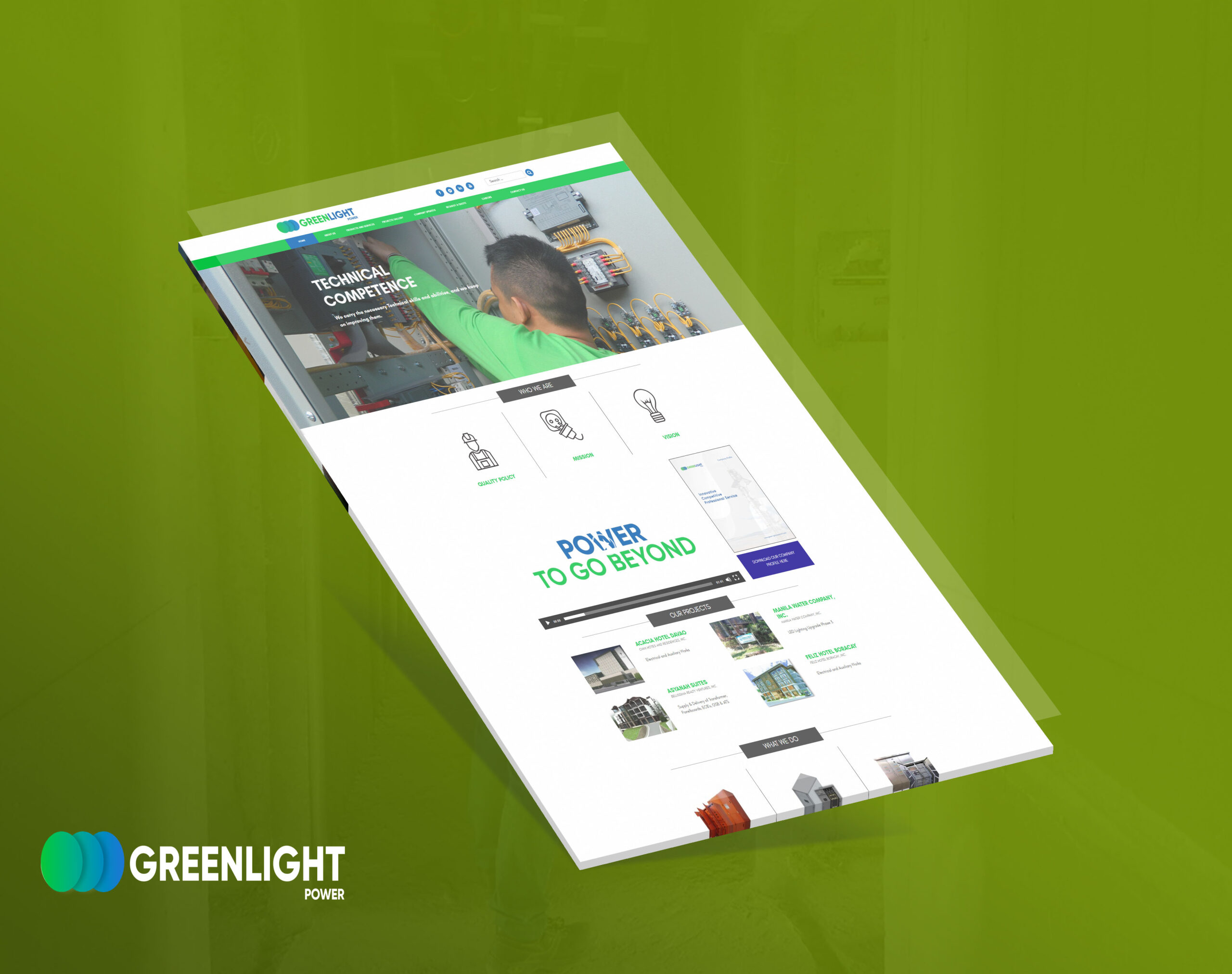 A mockup of the Greenlight Power website shown from an angled perspective against a green background.
