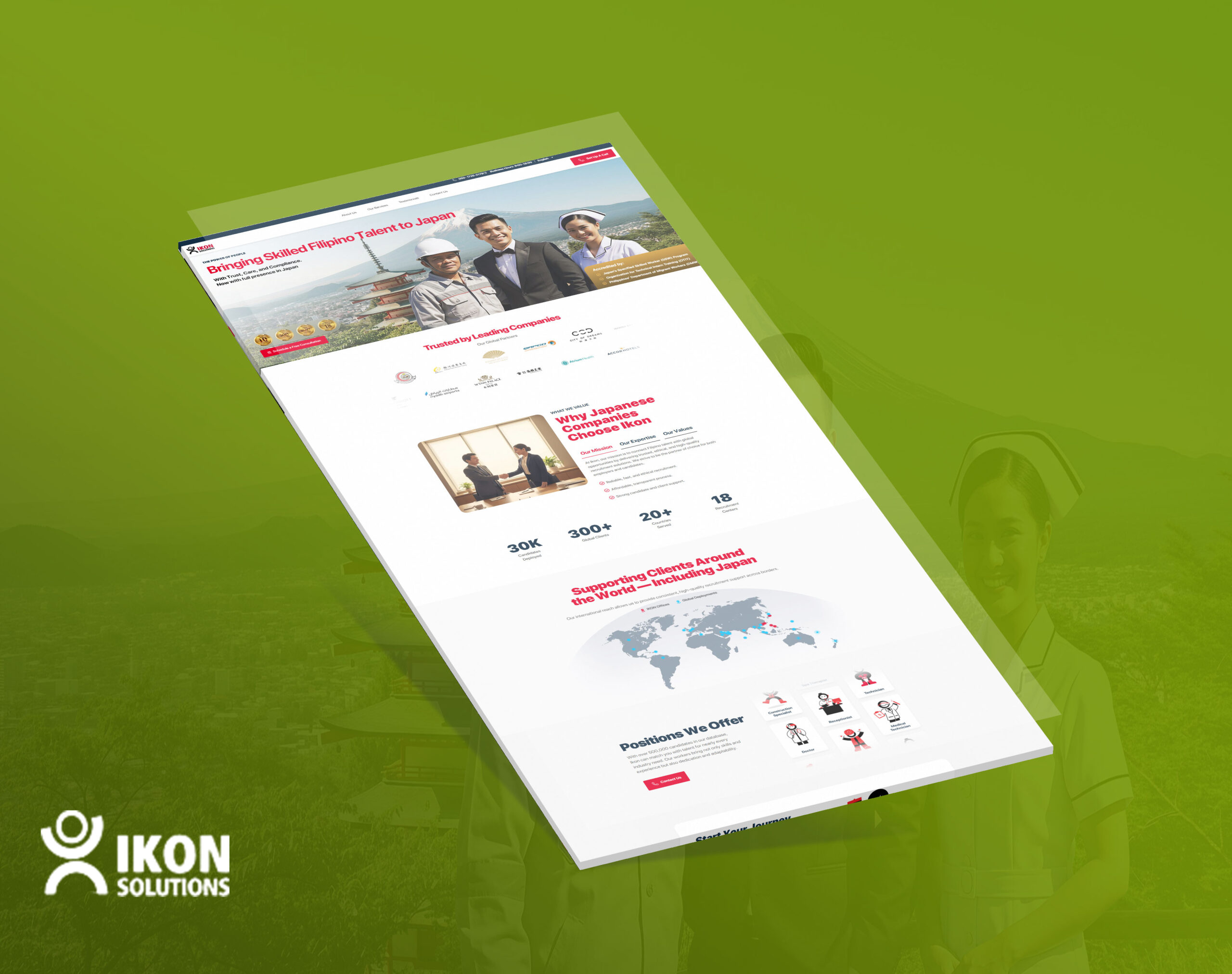 A tilted mockup of a recruitment website homepage titled IKON, featuring professional Filipino workers and statistics on global deployment.