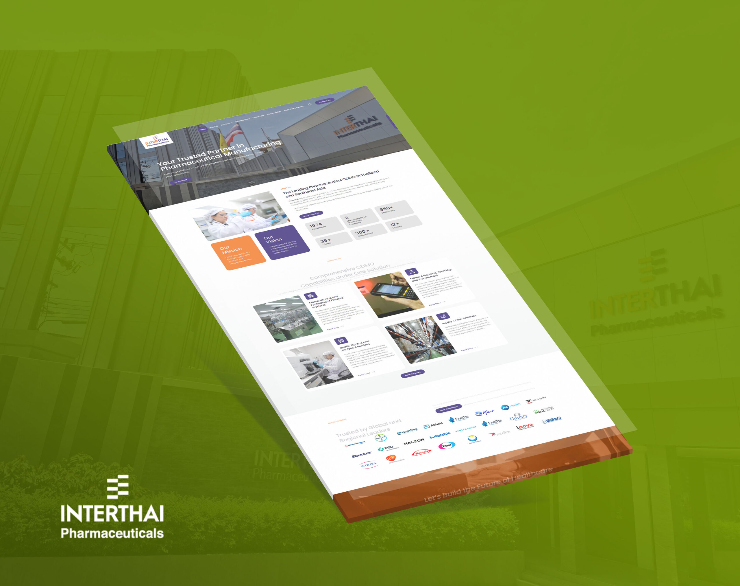 A angled mockup of the Interthai Pharmaceuticals website displayed against a green and white background.