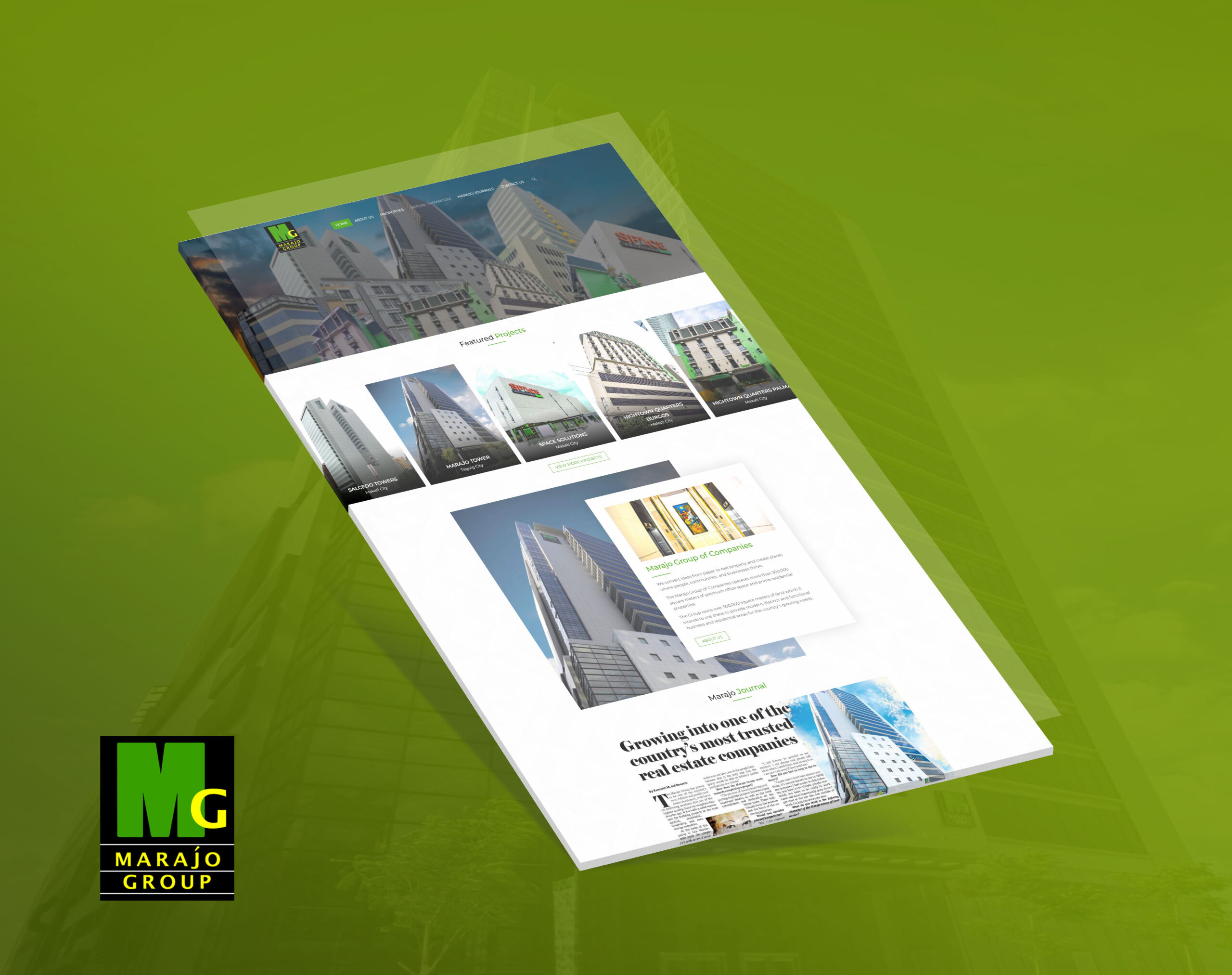 The website for Marajo Group is displayed as a mockup against a green background, showcasing its homepage with featured real estate projects and corporate information.