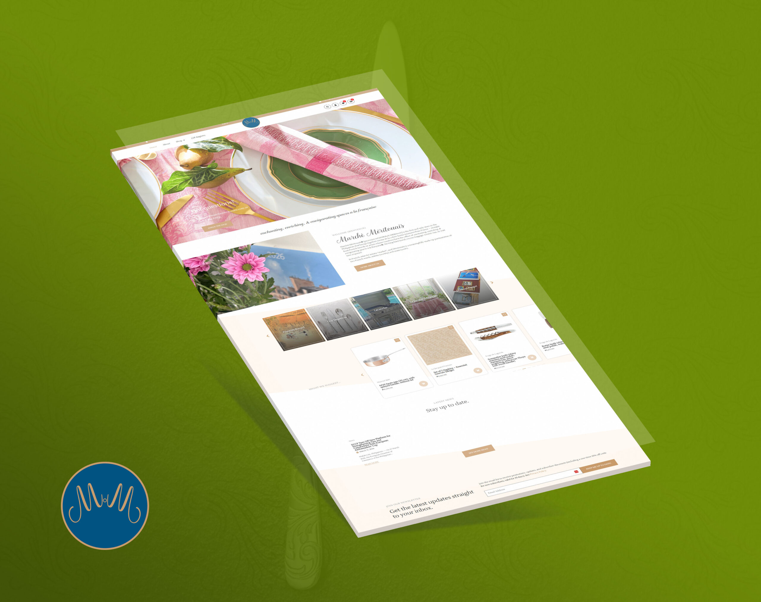 A mockup of the Marche website shown on a green background, with a pink-themed header image showing a table setting.