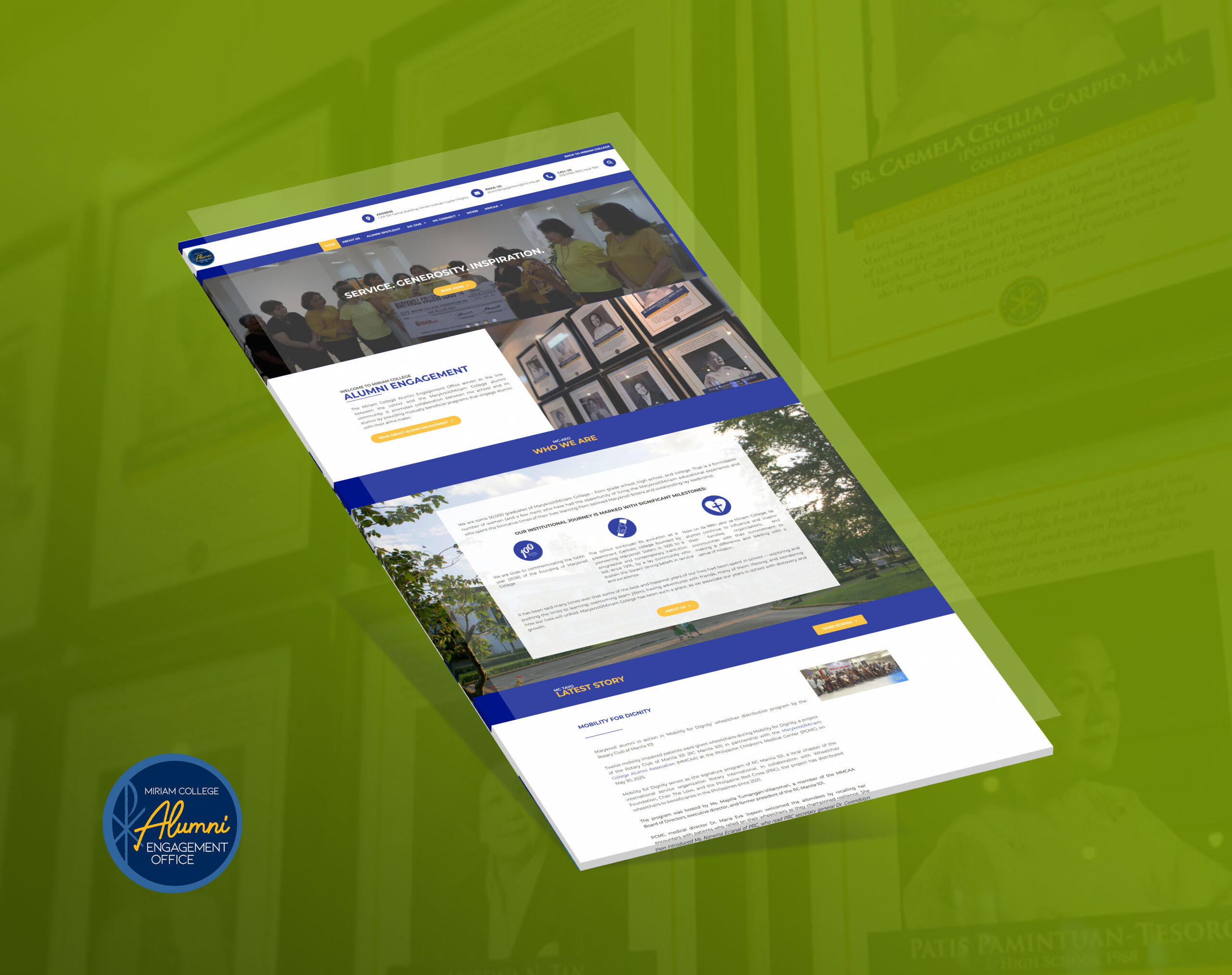A mockup of the Miriam College Alumni Engagement Office website shown at an angle against a green background, with a round logo in the lower left.