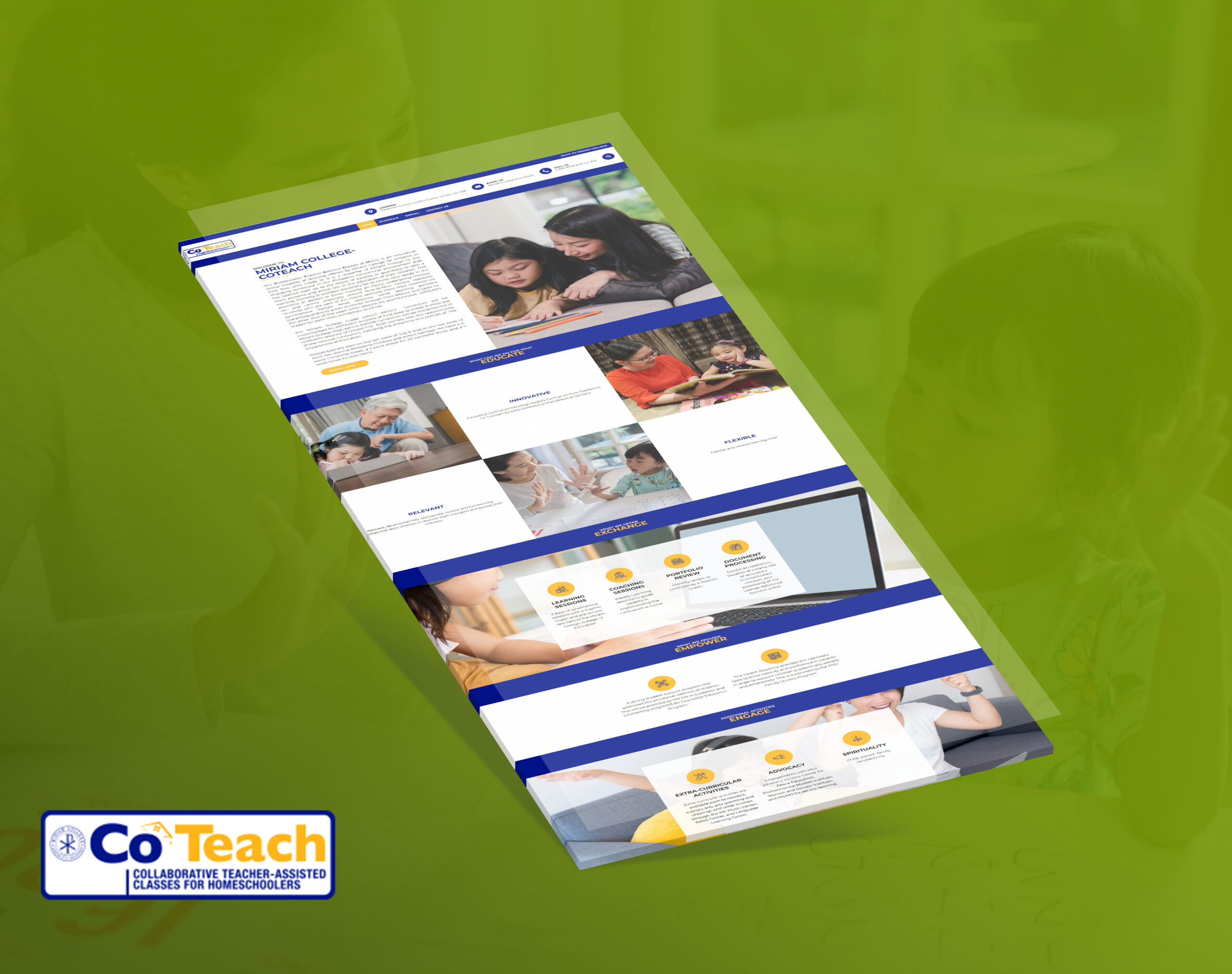 A 3D perspective mockup of the Miriam College Co-Teach website landing page displays various sections featuring children and teachers engaged in learning activities.