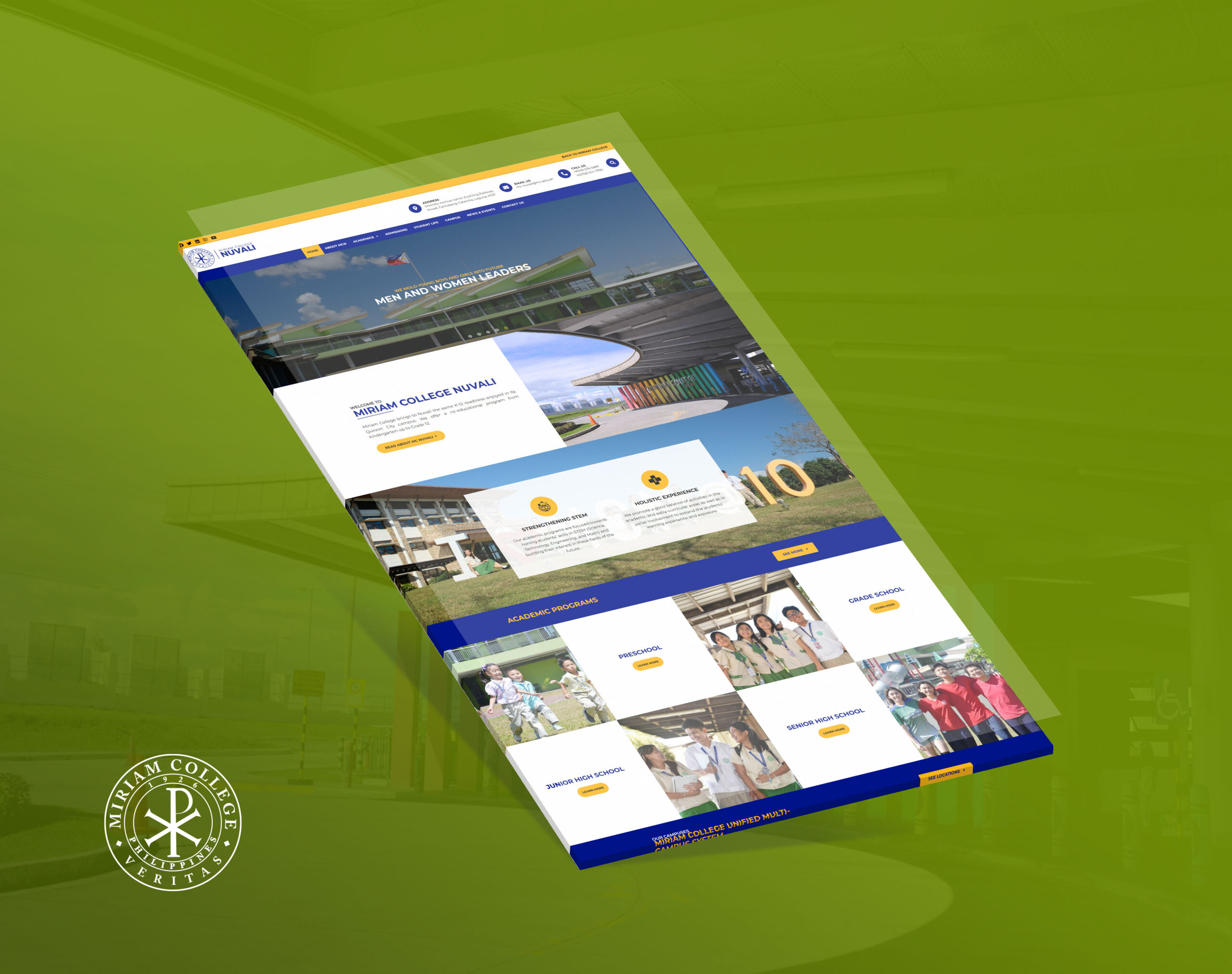 A 3D perspective mockup of the Miriam College Nuvali website homepage, showcasing its sections on an olive green background.