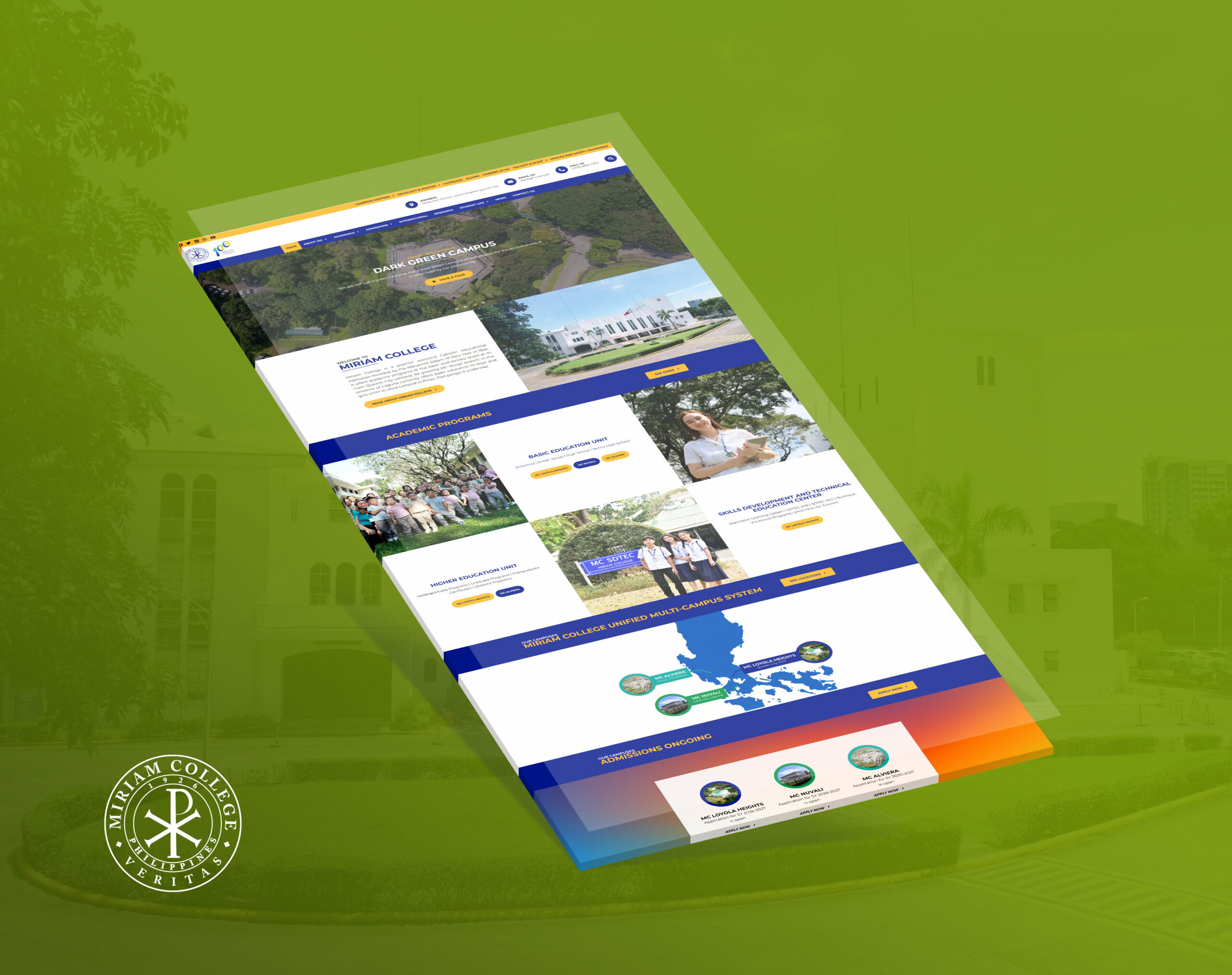 A webpage design for Miriam College on a green background.
