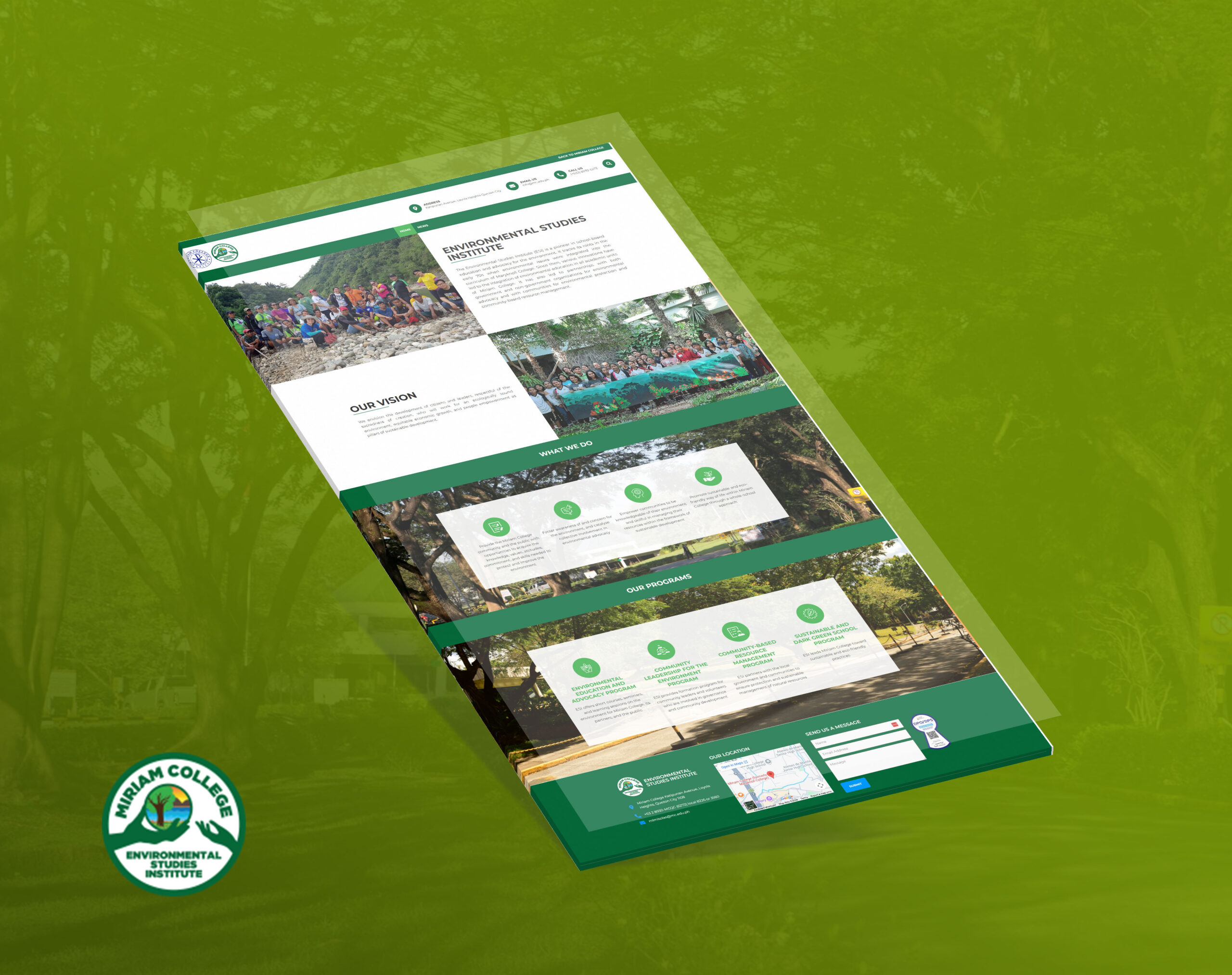 A mockup of the Miriam College Environmental Studies Institute website, shown on a slanted green background with its logo at the bottom left.
