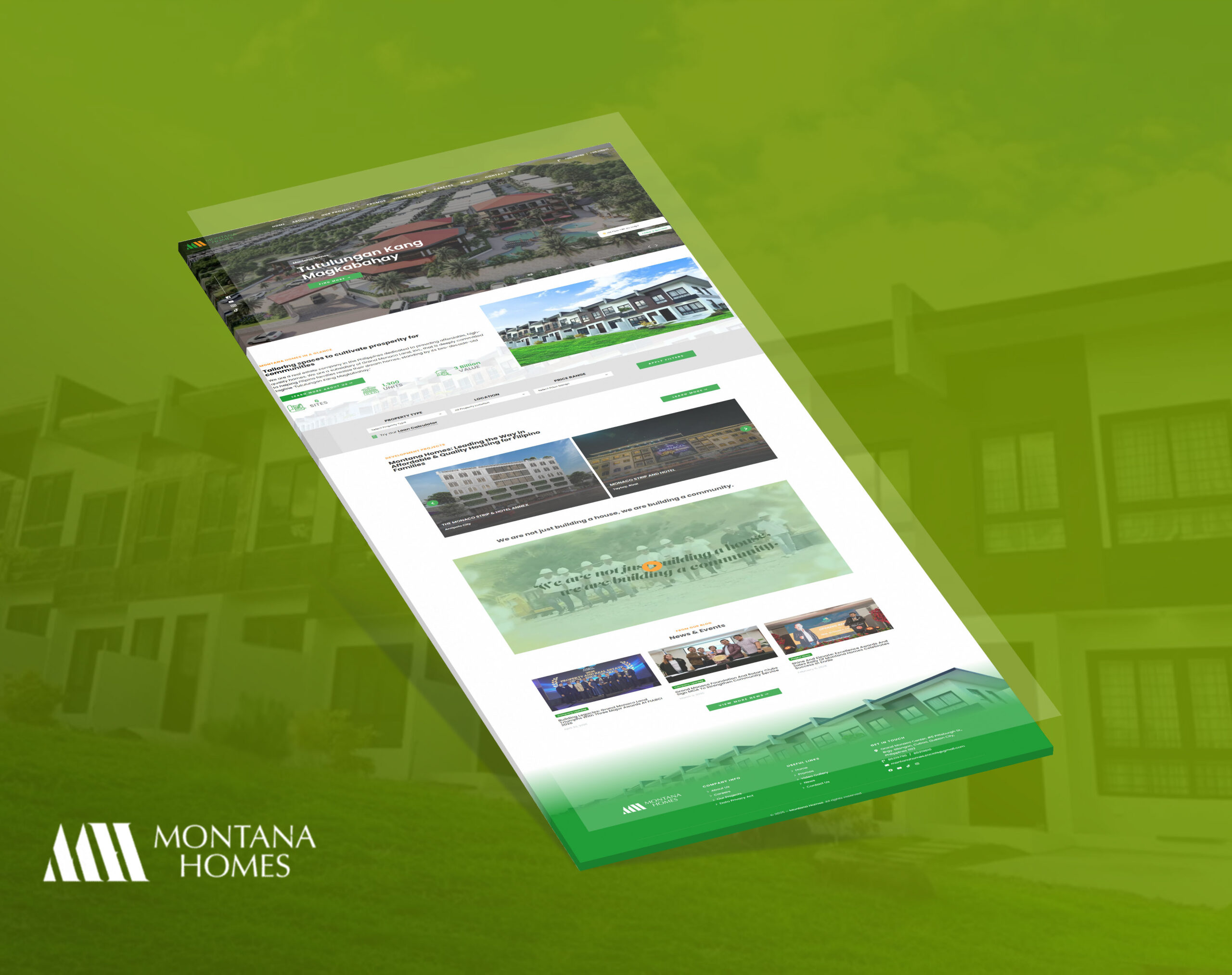 A mockup of the Montana Homes website floats over a solid green background, with the Montana Homes logo positioned at the bottom left.