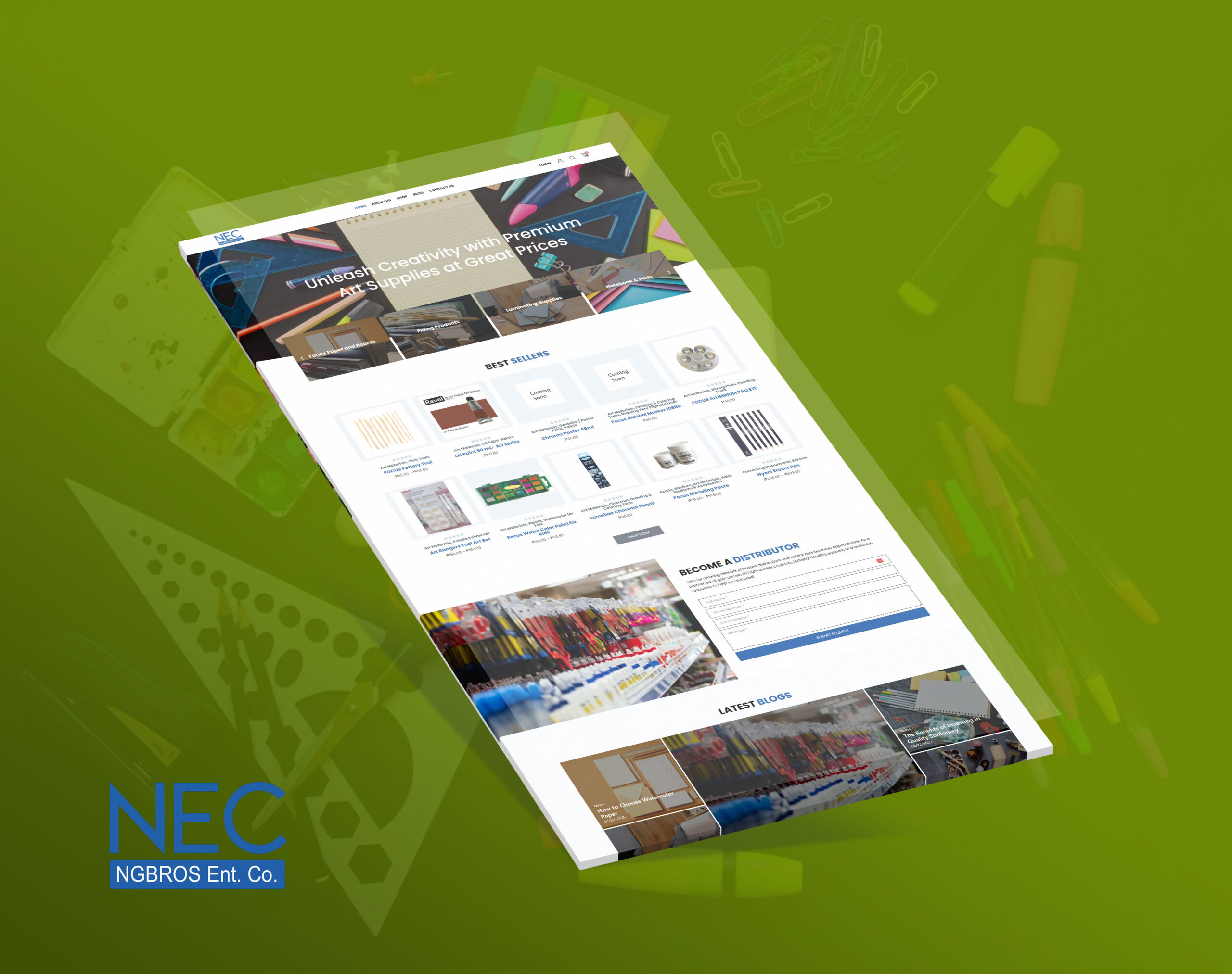A mockup of the NEC online art supplies store homepage, angled against a green background with stationery tools.
