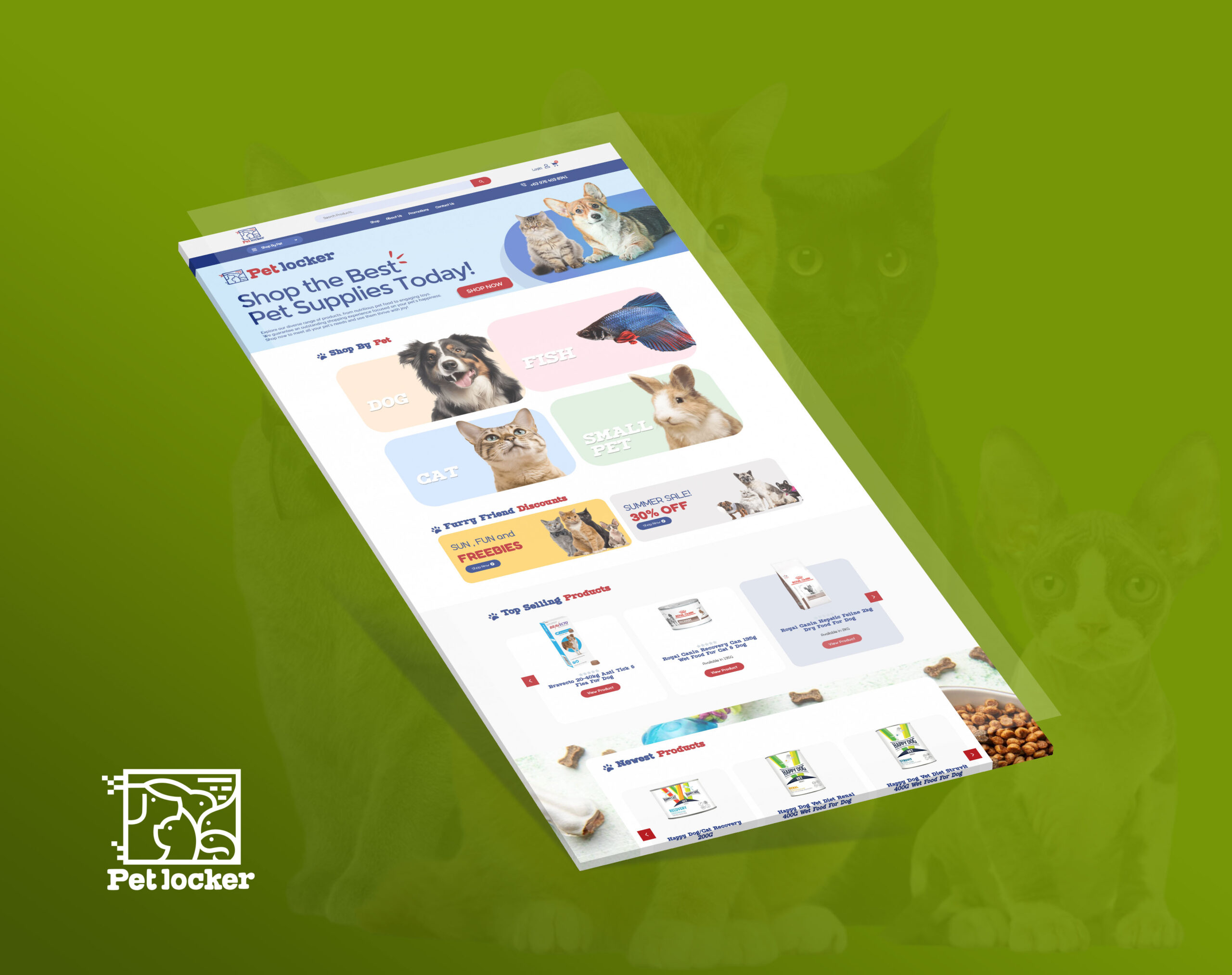 An angled view of the Petlocker e-commerce website on a bright green background featuring cat and dog silhouettes, with a logo in the bottom left corner.