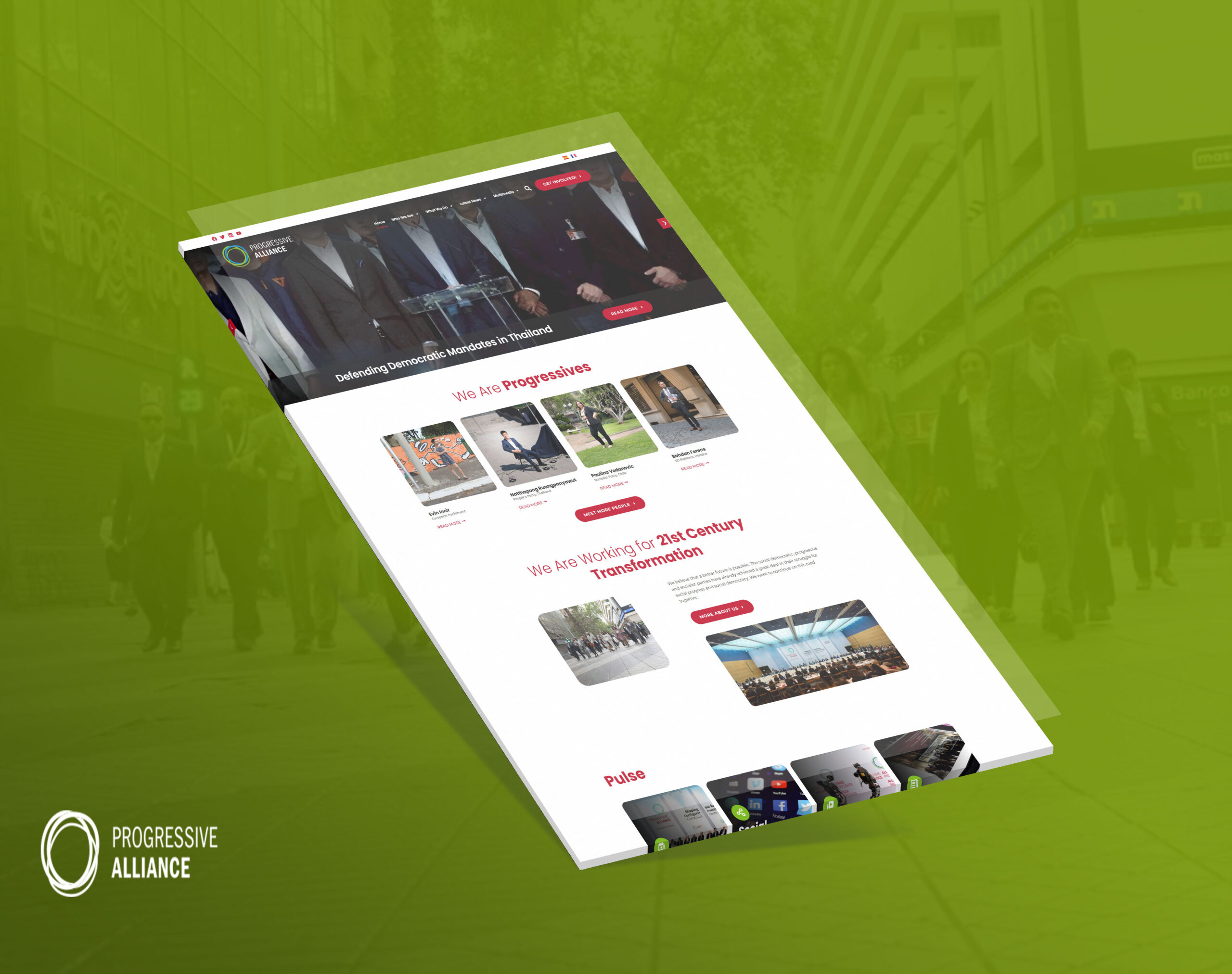 A tilted webpage mockup of the Progressive Alliance website displayed against a blurred green background.