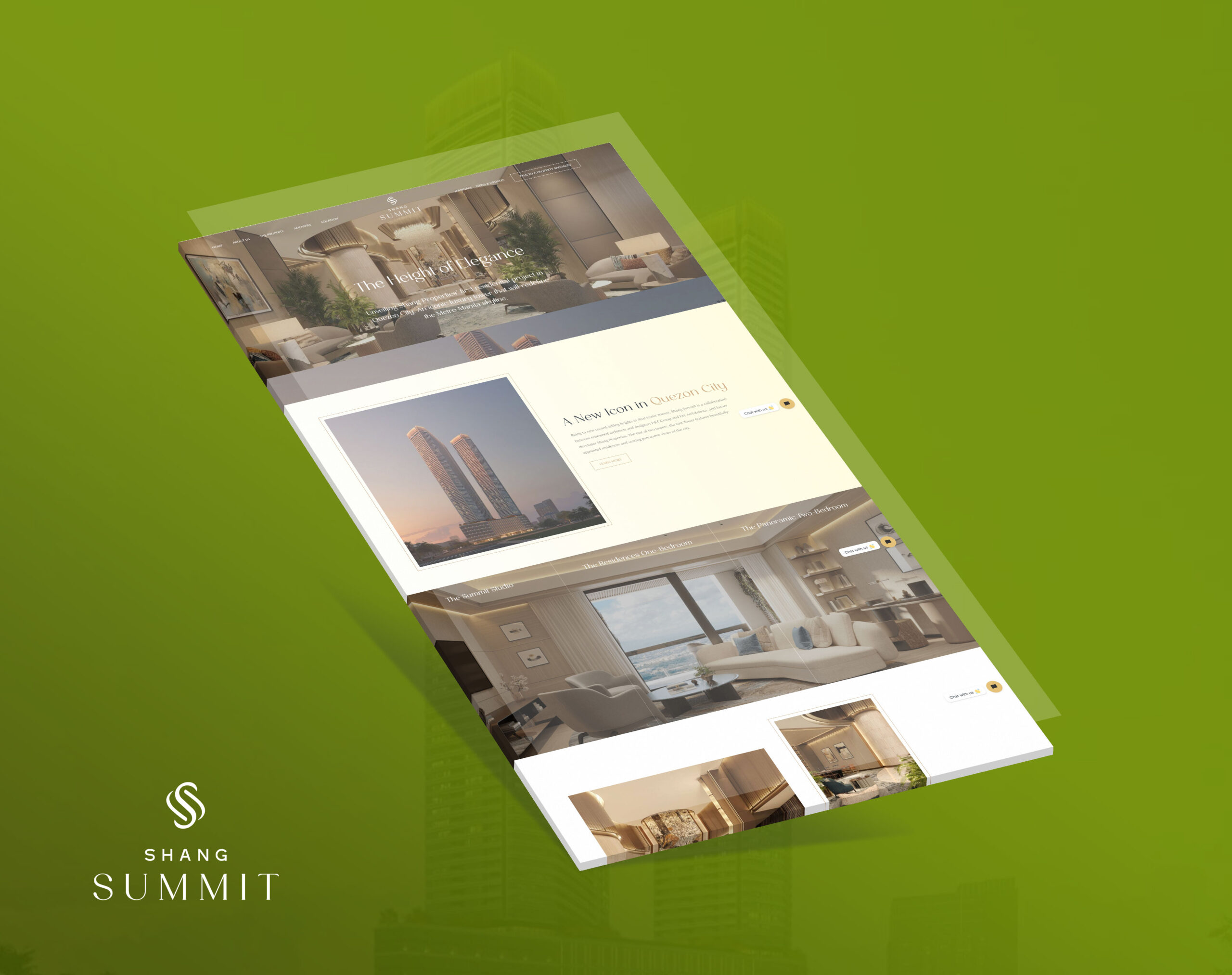 A tilted perspective view of the Shang Summit website homepage against a solid green background, showing its modern interior design and architectural renderings.