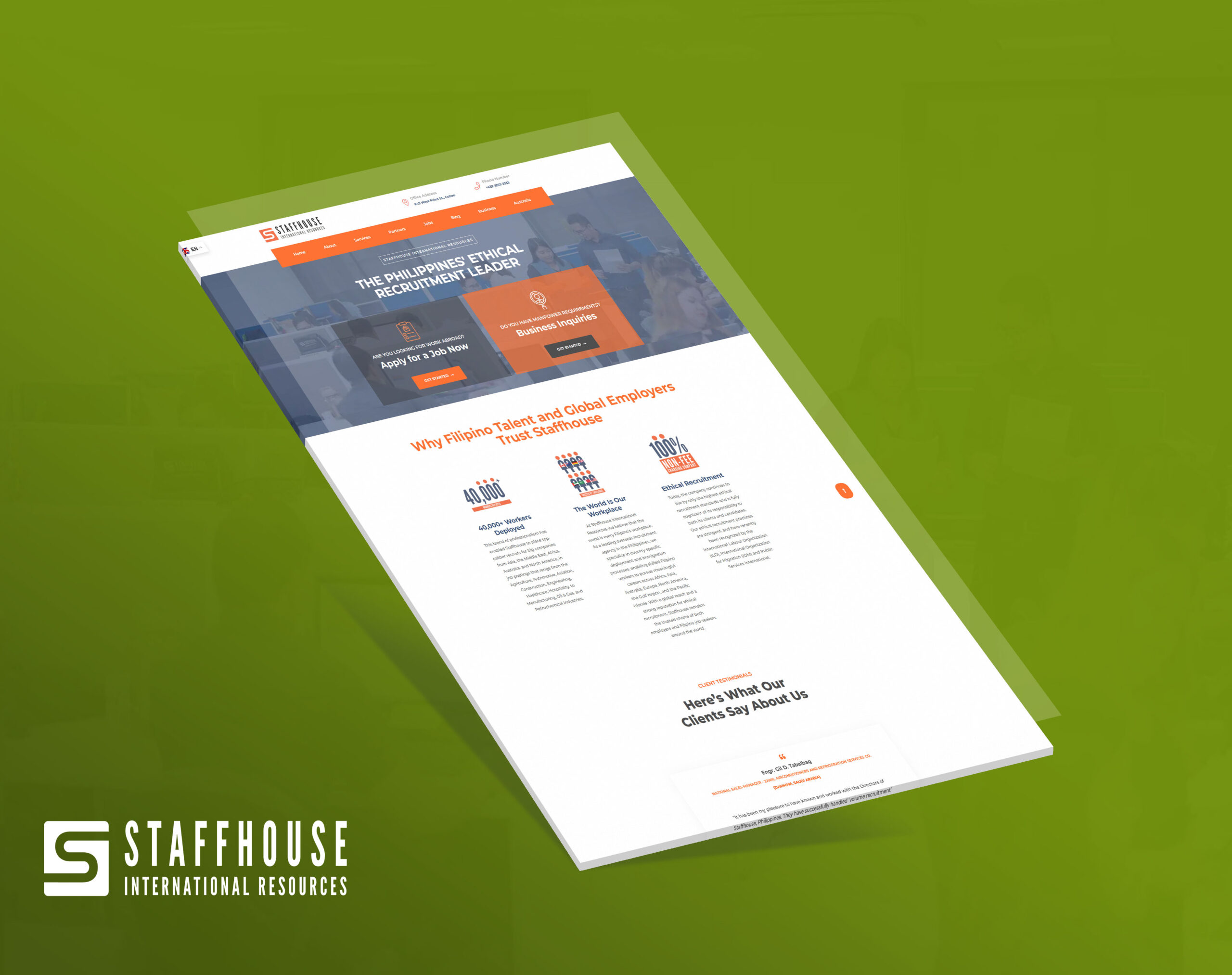 Mockup of the Staffhouse International Resources website displayed at an angle on a green background.