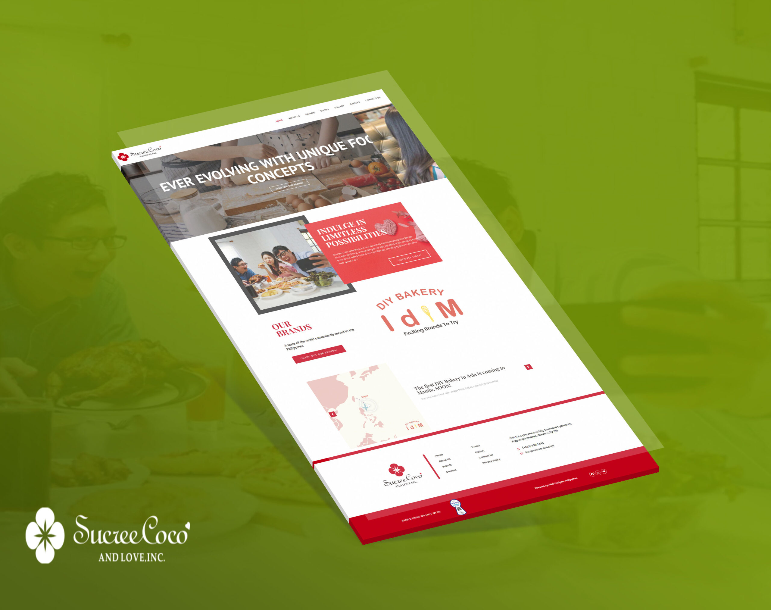 A 3D perspective mockup of the Sucreecoco website homepage on a green background, showing food imagery, branding, and navigation.