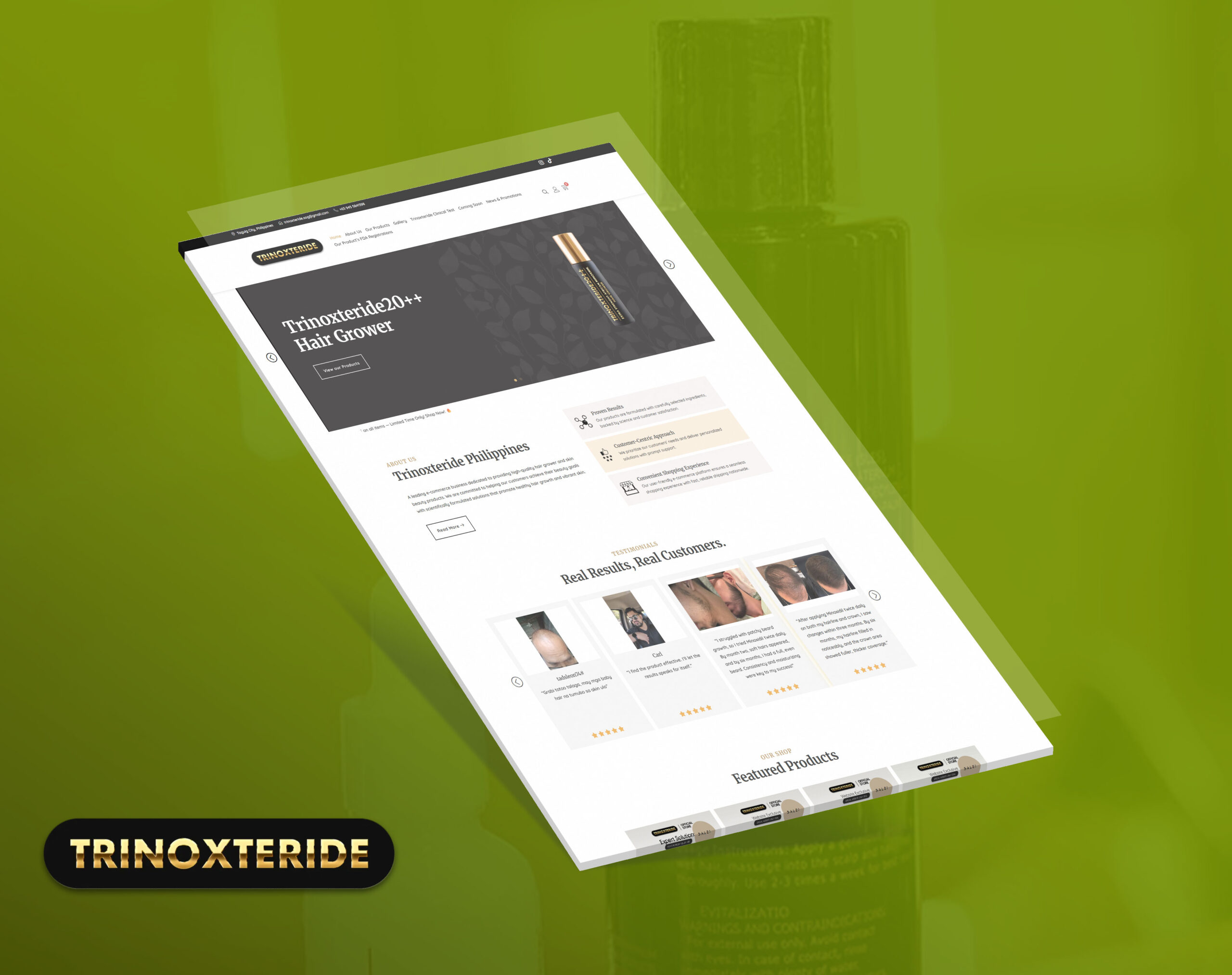 A tilted screenshot of the Trinoxteride hair grower website on a green gradient background, showing products, testimonials, and features.