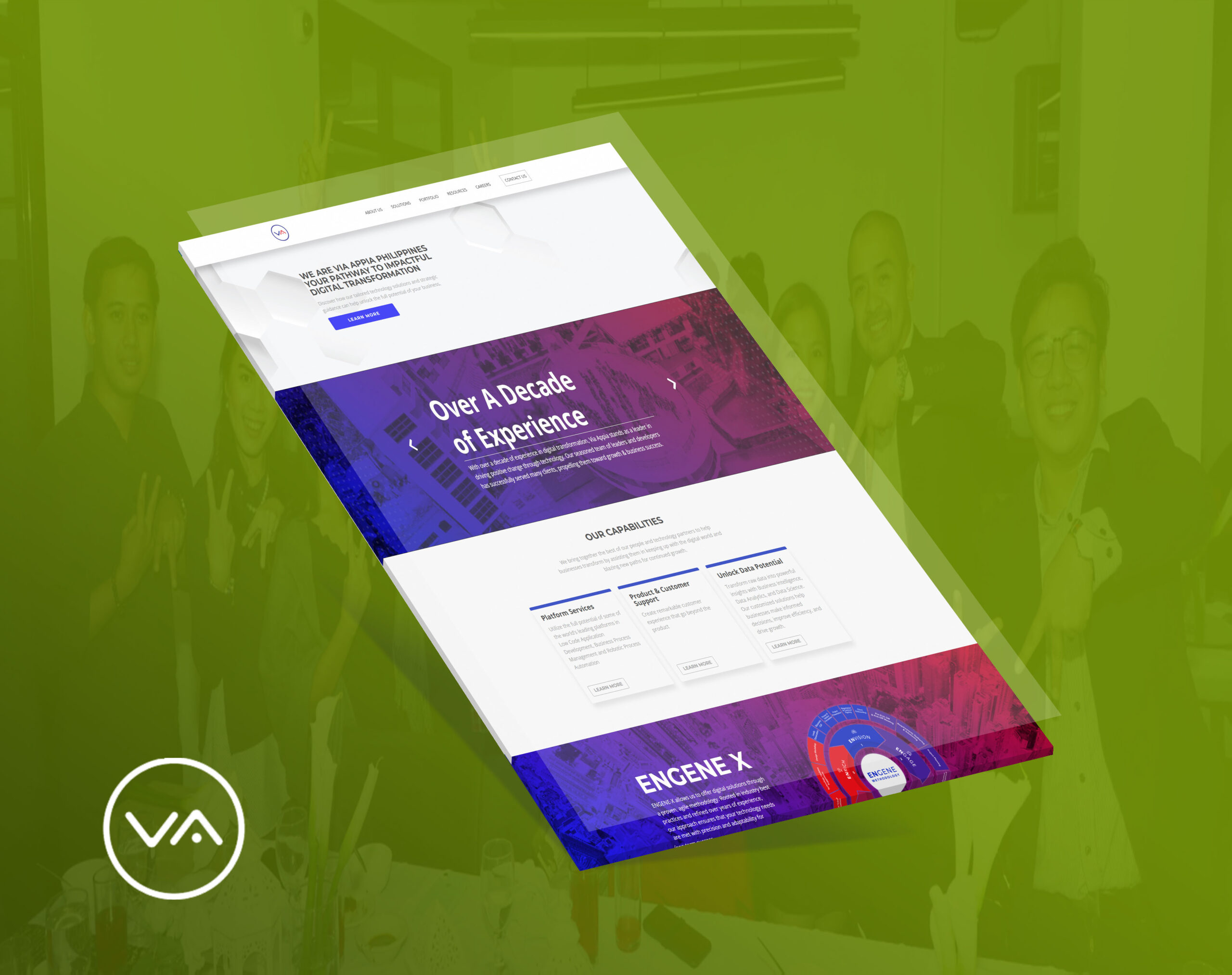 A mockup of the Via Appia website on a tilted screen over a blurred green background of people.