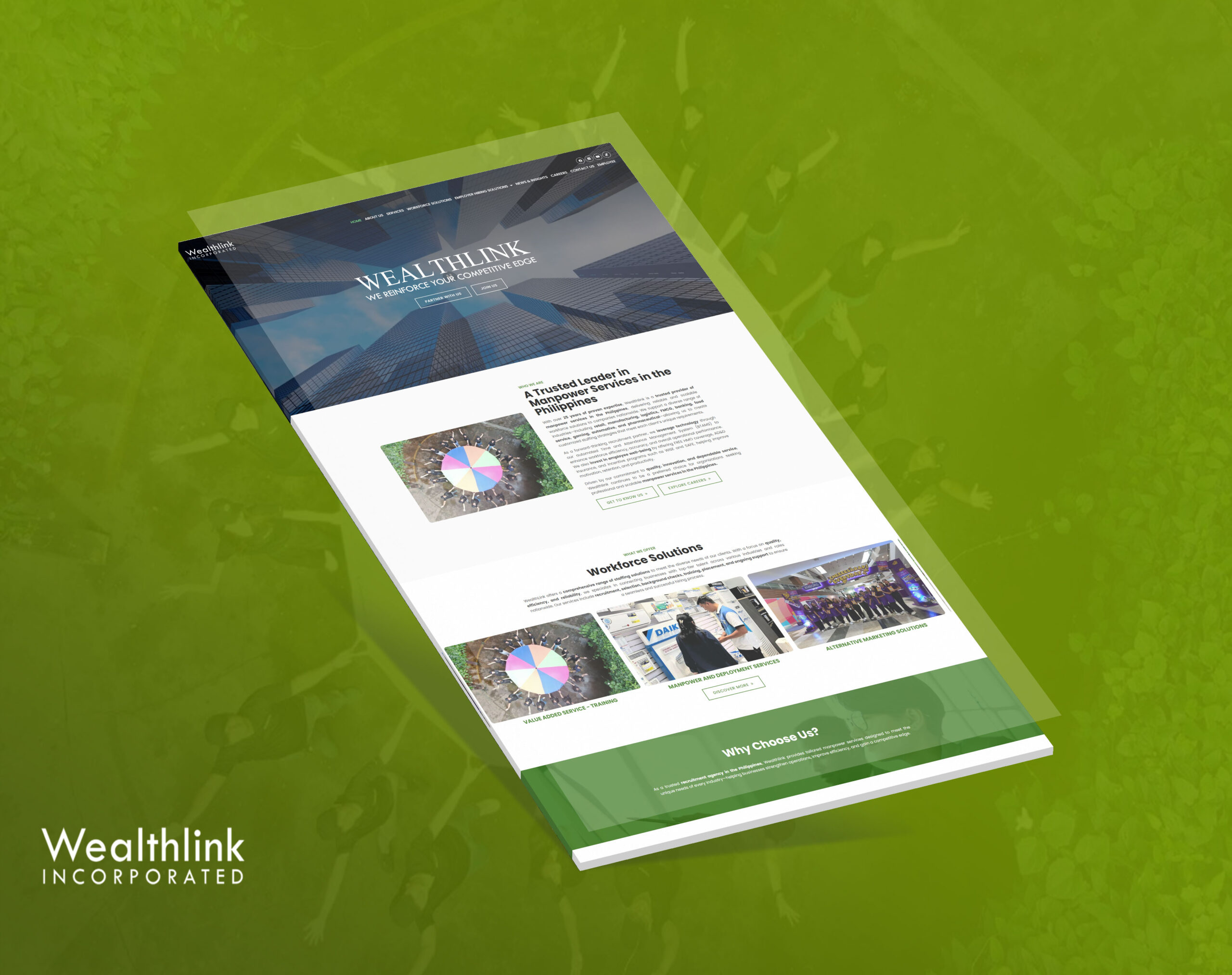 Wealthlink website featuring skyscrapers and text about workforce solutions.