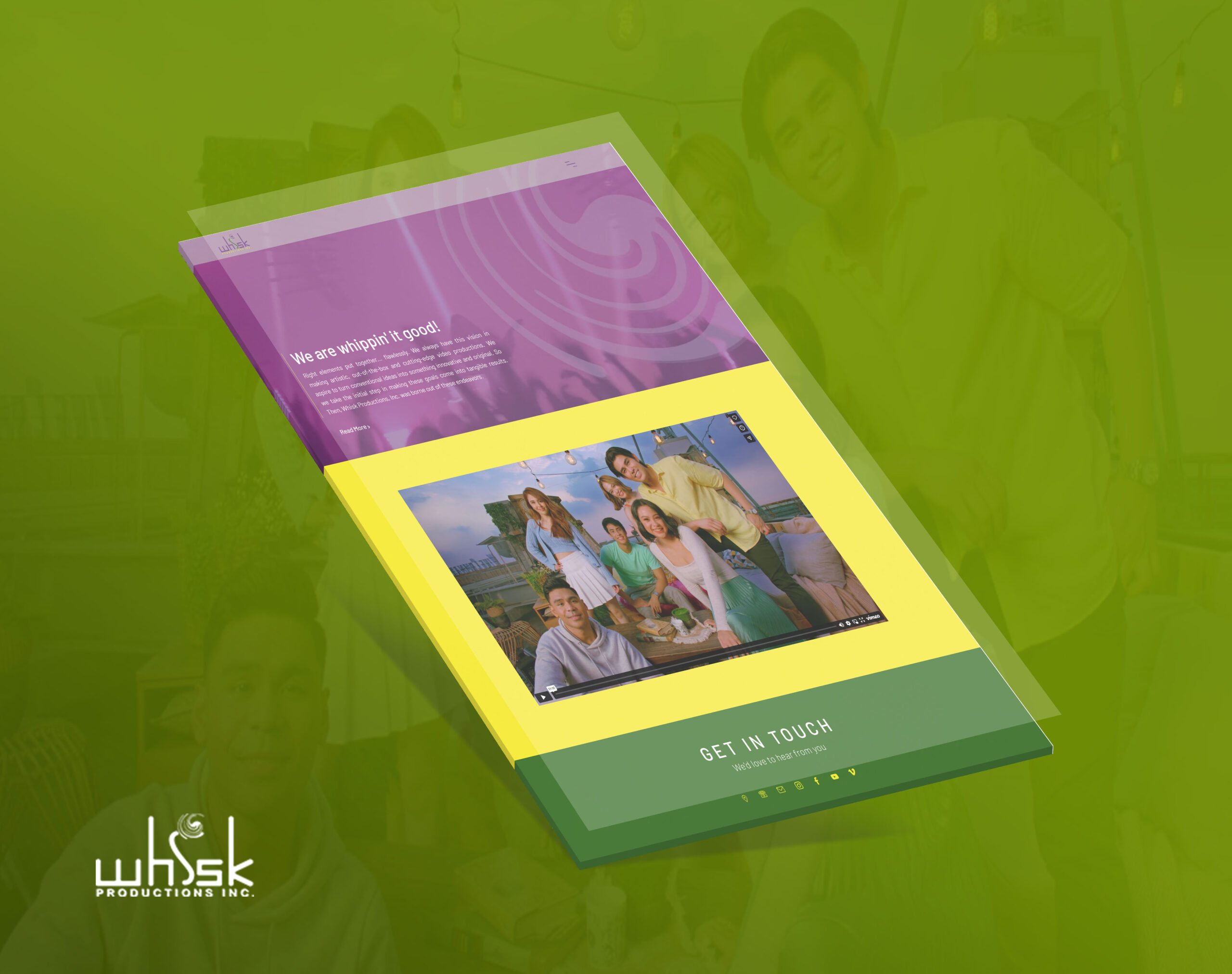 A tilted 3D mockup of the Whisk Productions website against a translucent green background, showing a purple top section, a yellow section with a video of a group of people, and a green get-in-touch footer.