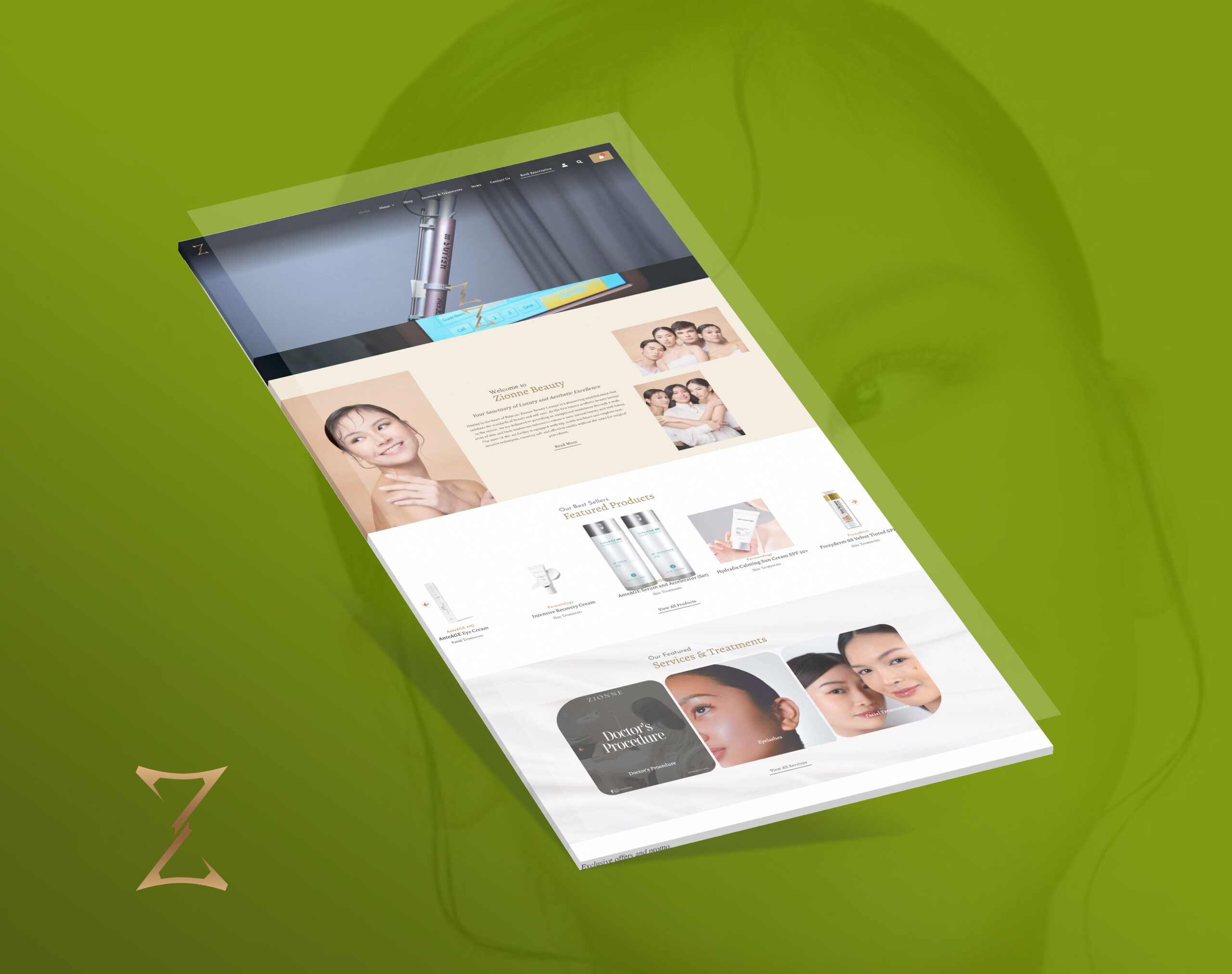 A mockup of the Zionne beauty clinic website displayed on a 3D tilted screen against a green background, showcasing its homepage with product and service sections.