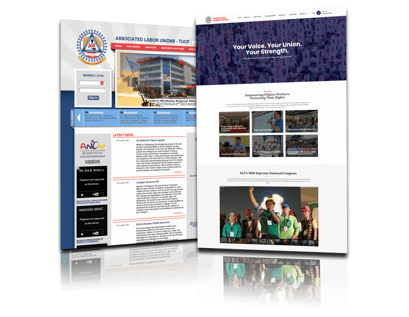 Two overlapping mockups of the Associated Labor Unions (ALU) website displayed on a reflective white surface, showcasing the old design on the left and the modern redesign on the right.