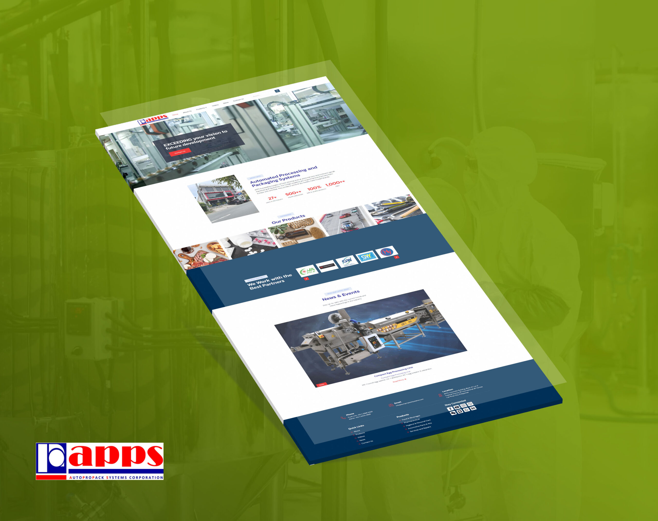 A screenshot of a website for APPS, an automated processing and packaging systems company, displayed against a green industrial background.
