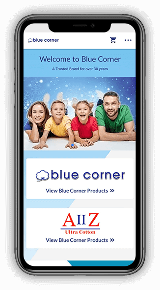 A screenshot of a mobile phone displaying the Blue Corner t-shirts e-commerce website on its screen.