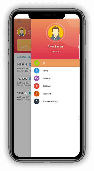 A smartphone screen displays the BROS LOGISTICS app interface, featuring an expanded navigation menu with user profile details for Alvin Santos and various delivery status options such as All, To Do, Delivered, Declined, Returned, and Scanned History.