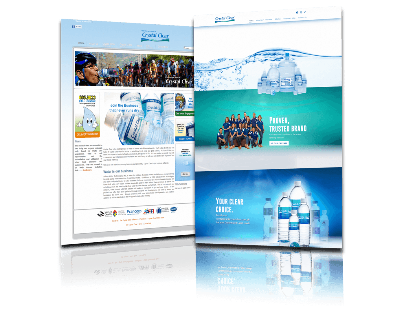 Comparison of the old Crystal Clear website design on the left and the new redesigned website on the right.
