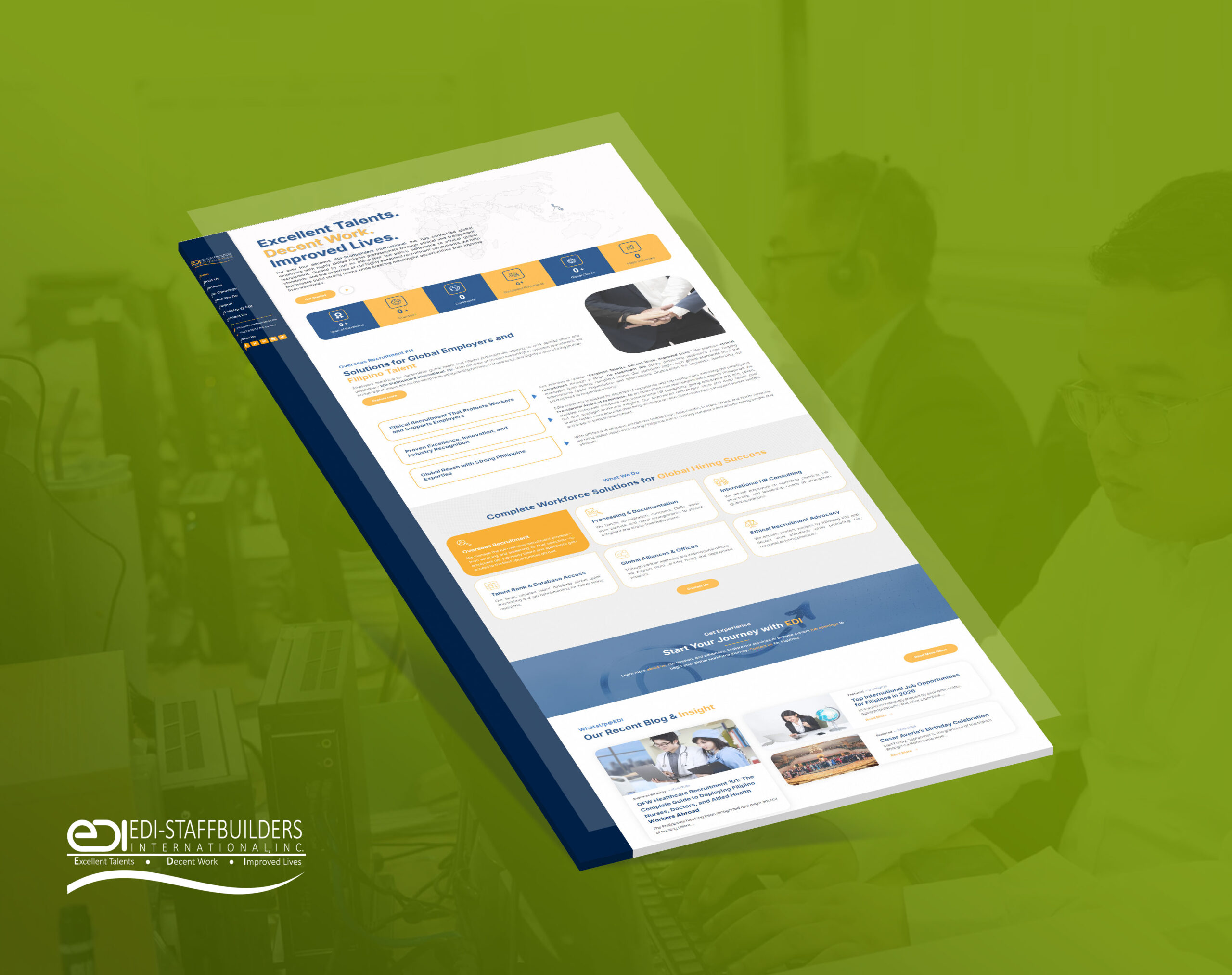 Website screenshot for EDI-Staffbuilders International Inc. showcasing services and blog posts.