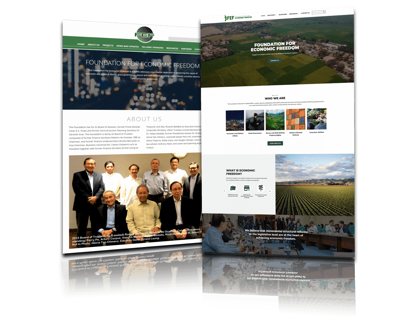 Two overlapping mockups of the Foundation for Economic Freedom website, showing the homepage design with green branding, photos of fields, and the board of trustees.