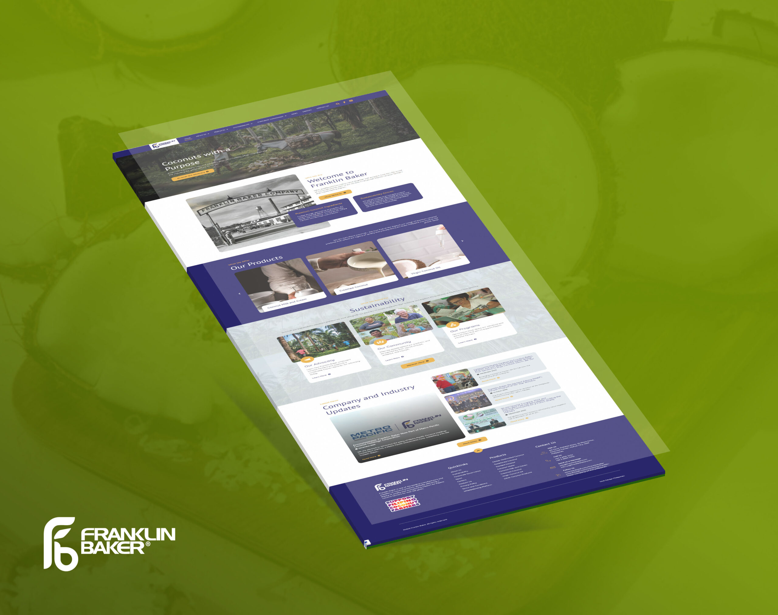 Mockup of the Franklin Baker website layout displayed on a slanted view over a green background, with the Franklin Baker logo in the lower left corner.