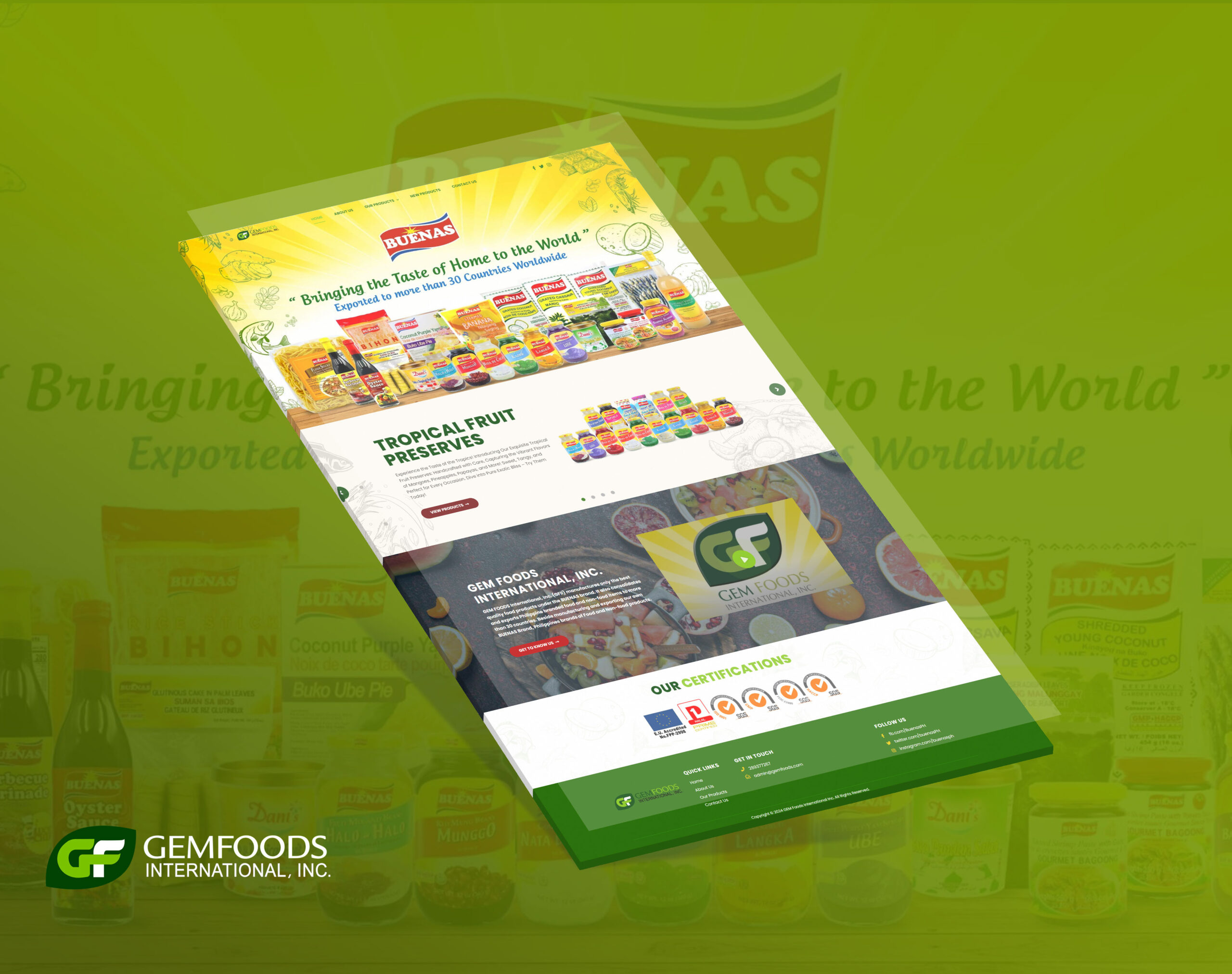 A mockup of the Gem Foods International Inc. website on a lime green background with various food products displayed behind it.