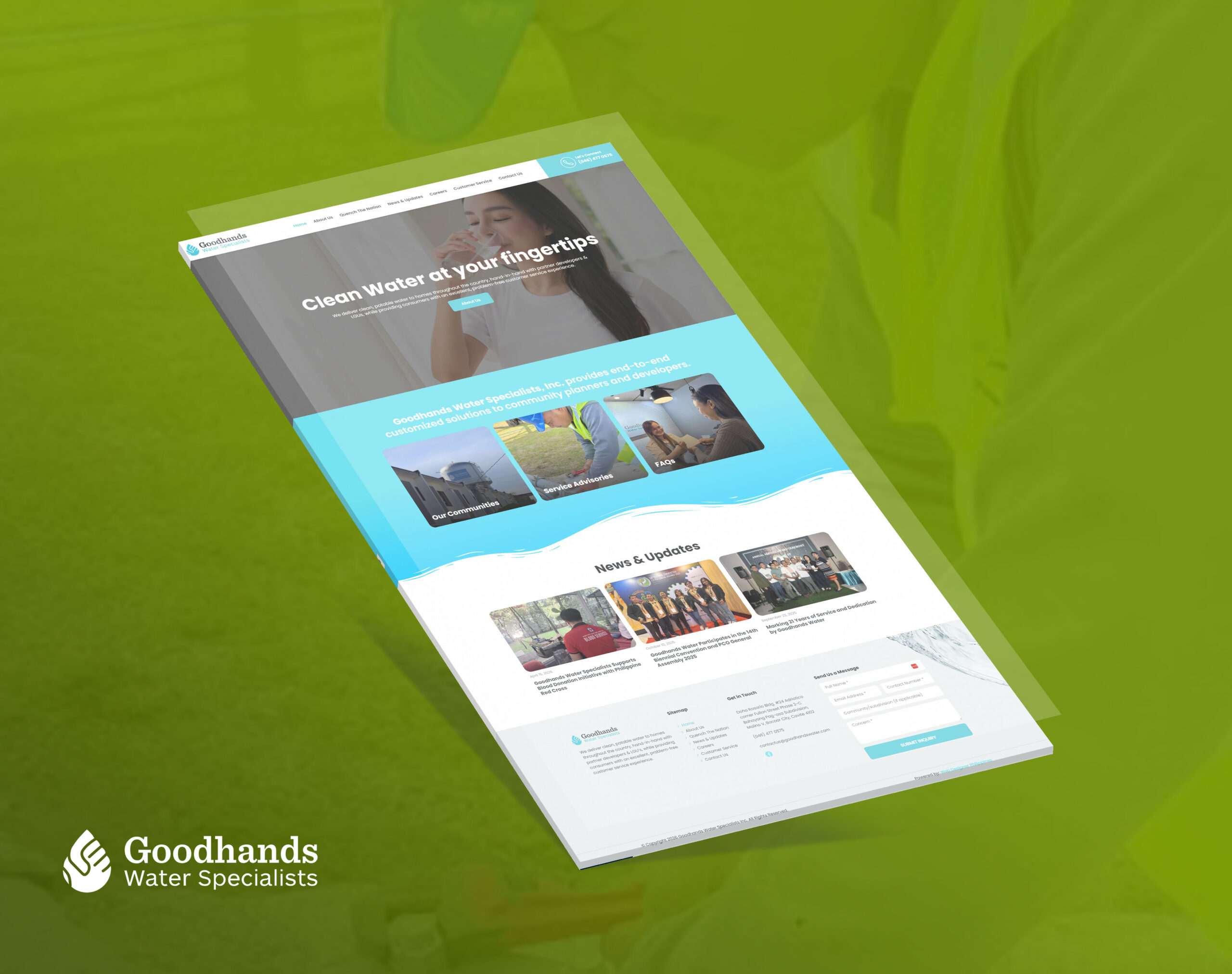 Goodhands Water Specialists website showing "Clean Water at your fingertips" and news updates.