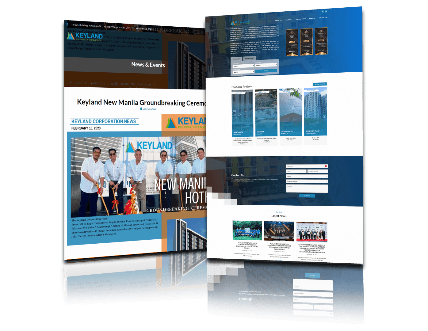 Mockups of a website redesign for Keyland, featuring a news page and a homepage layout with featured projects, contact details, and company news.