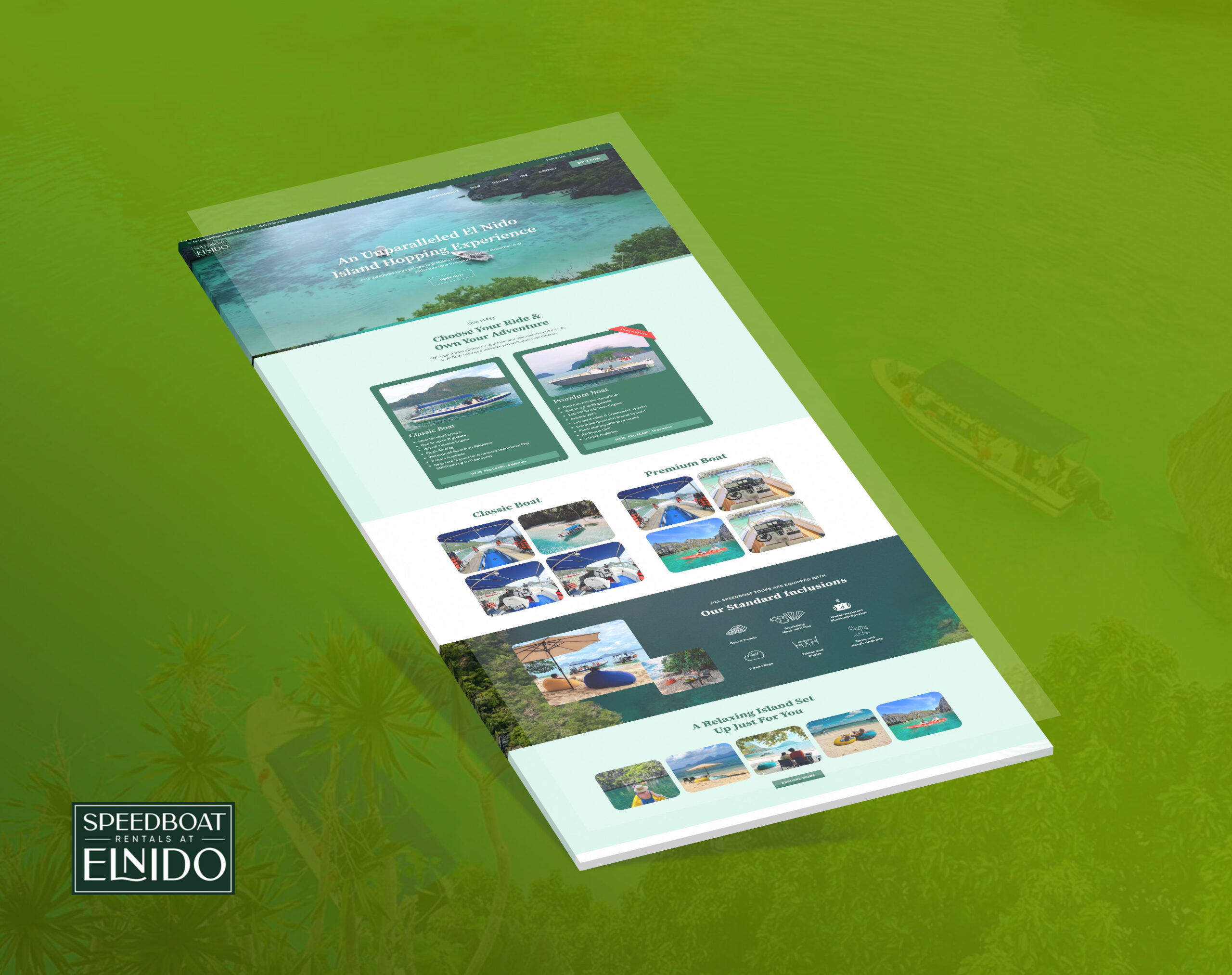 Speedboat Rentals at El Nido website showcasing island hopping tours with classic and premium boat options.