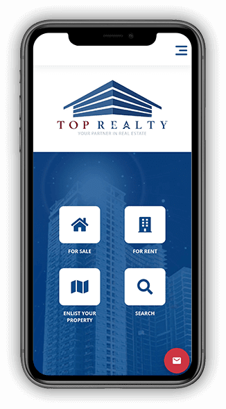 A mobile phone displaying the Top Realty website, featuring buttons for For Sale, For Rent, Enlist Your Property, and Search against a blue skyscraper background.