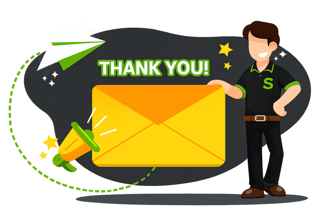 A man in a black shirt with a green "S" logo holds a large yellow envelope next to the words "THANK YOU!".