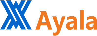 The image features the Ayala logo, consisting of a blue geometric symbol on the left and the orange text "Ayala" on the right.