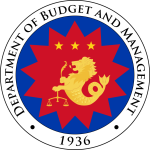 The circular seal of the Philippine Department of Budget and Management features a red 12-pointed star over a blue background, centered with a golden sea lion holding a balance scale beneath three golden stars, all enclosed by a white ring with black text reading "DEPARTMENT OF BUDGET AND MANAGEMENT" and the year "1936".