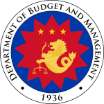 The circular seal of the Philippine Department of Budget and Management features a red 12-pointed star over a blue background, centered with a golden sea lion holding a balance scale beneath three golden stars, all enclosed by a white ring with black text reading "DEPARTMENT OF BUDGET AND MANAGEMENT" and the year "1936".