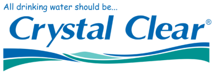 The logo for Crystal Clear drinking water features blue text with a registered trademark symbol, above blue and teal wavy lines, accompanied by the tagline "All drinking water should be..." in smaller blue text.
