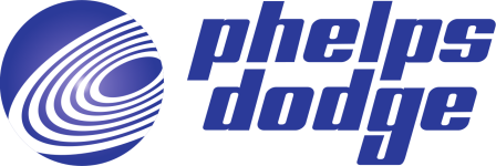 Phelps Dodge logo featuring a blue circular emblem with white swirling concentric lines next to bold, italicized blue text reading "phelps dodge".