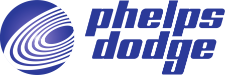 Phelps Dodge logo featuring a blue circular emblem with white swirling concentric lines next to bold, italicized blue text reading "phelps dodge".